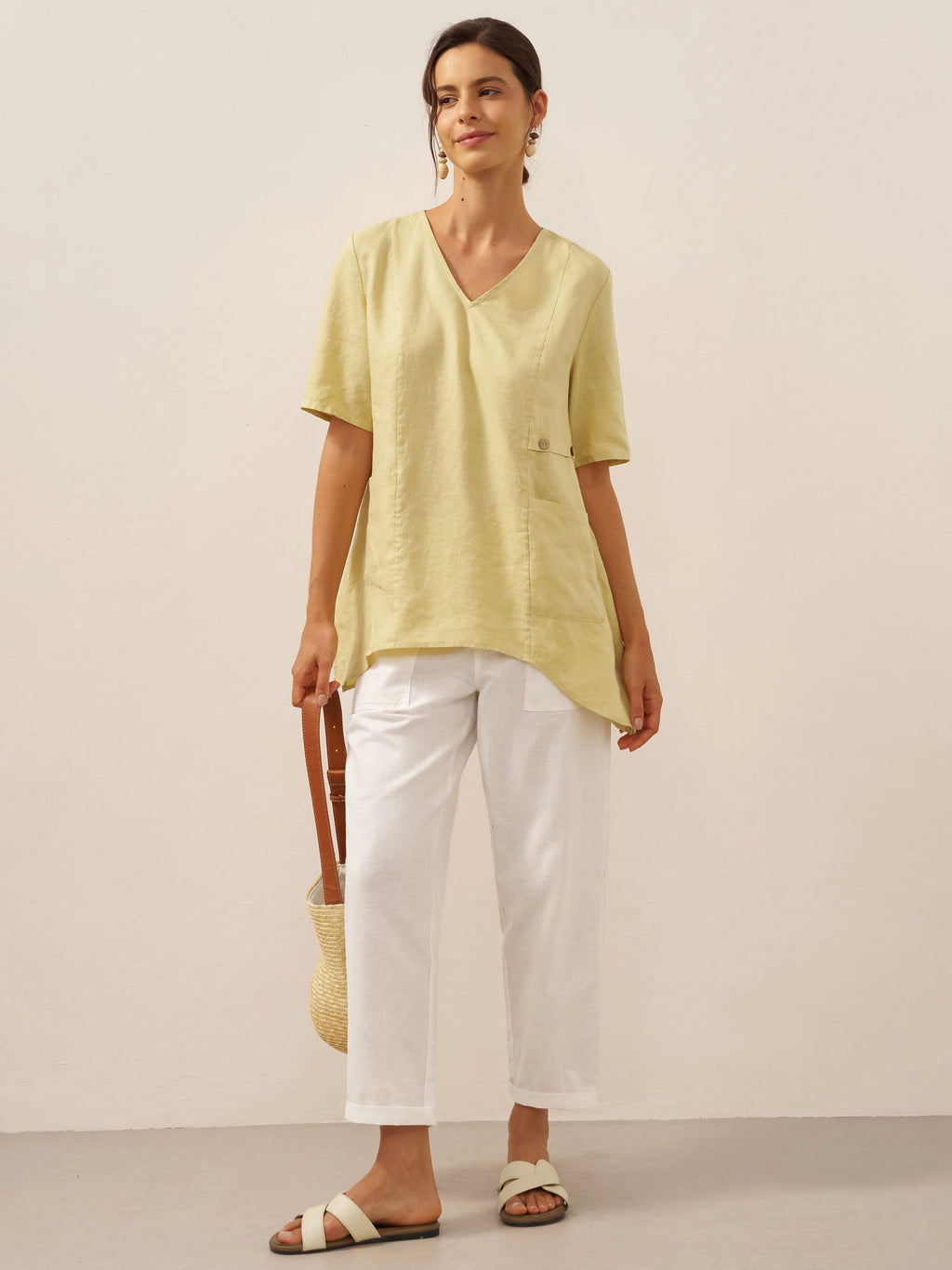 LINTICO 100% Linen Asymmetric Hem Long Top ISLA — detail shot 6