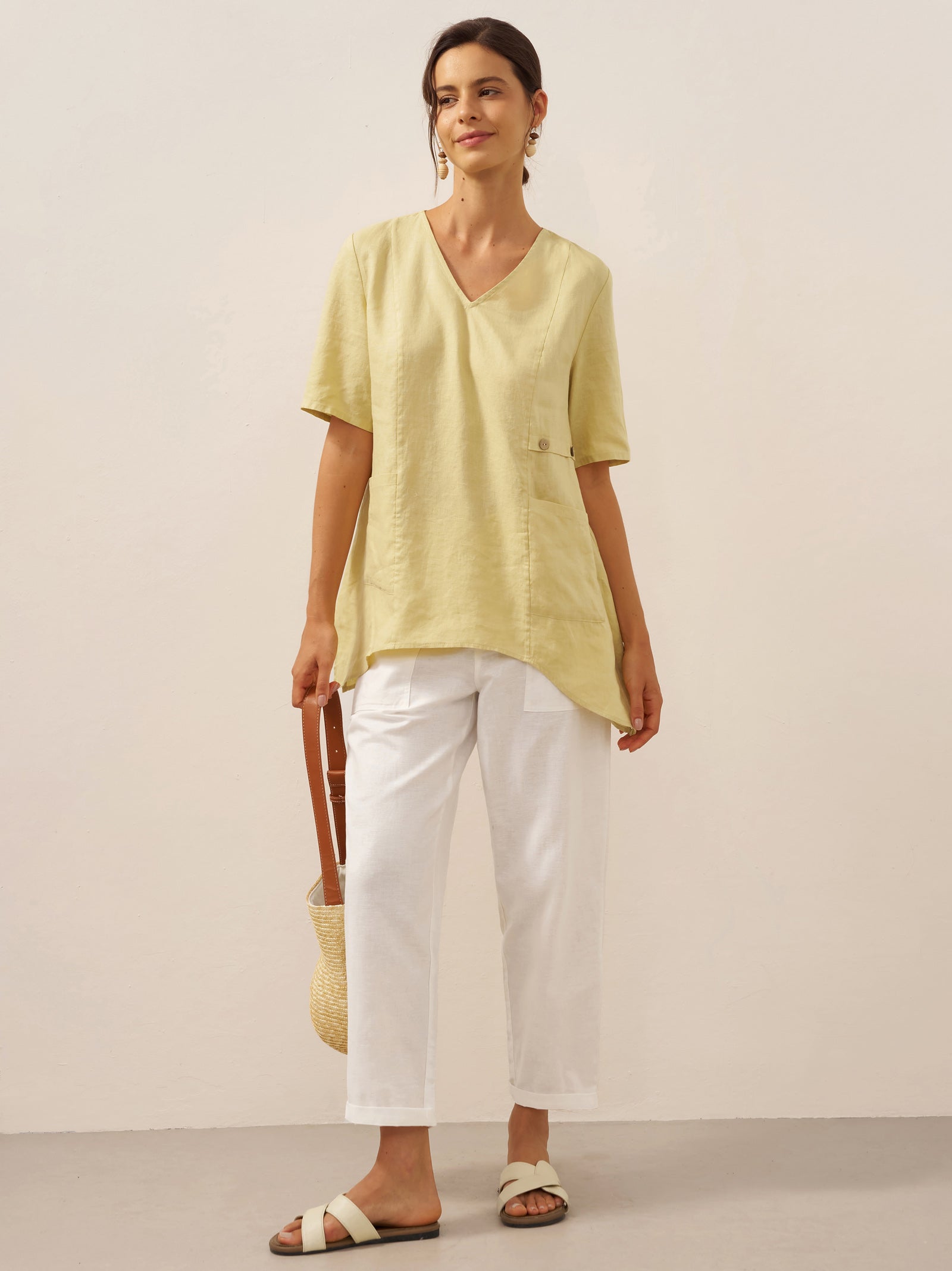 LINTICO 100% Linen Asymmetric Hem Long Top ISLA — detail shot 6