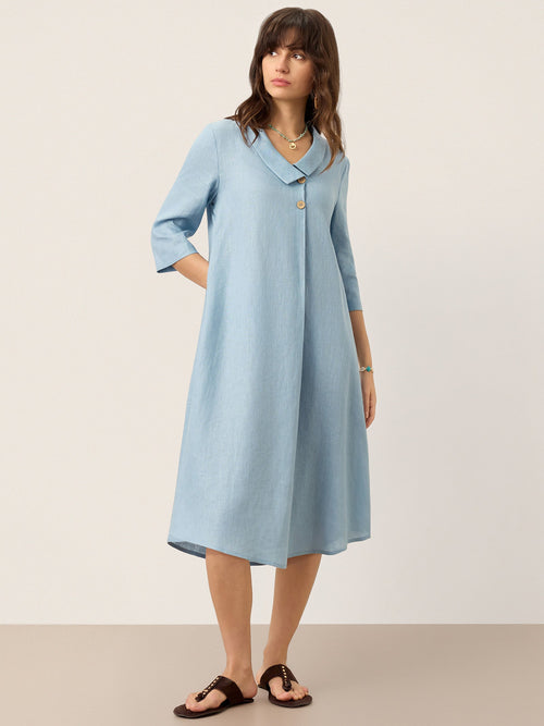 LINTICO 100% Linen Asymmetric Shawl Collar A-Line Midi Dress WINIFRED — main product shot
