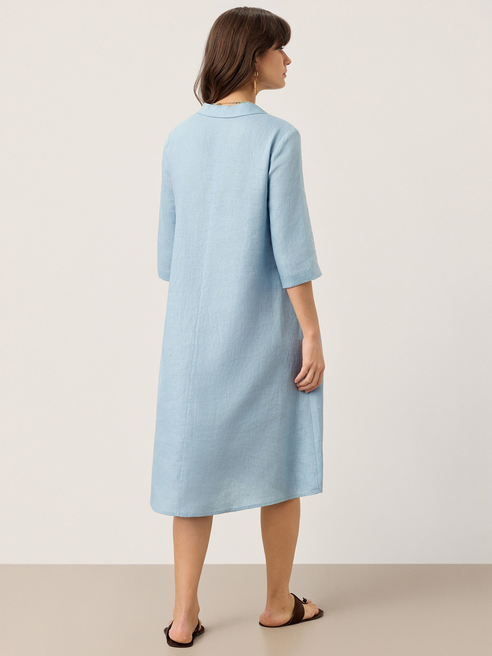 LINTICO 100% Linen Asymmetric Shawl Collar A-Line Midi Dress WINIFRED — LINTICO branding close-up