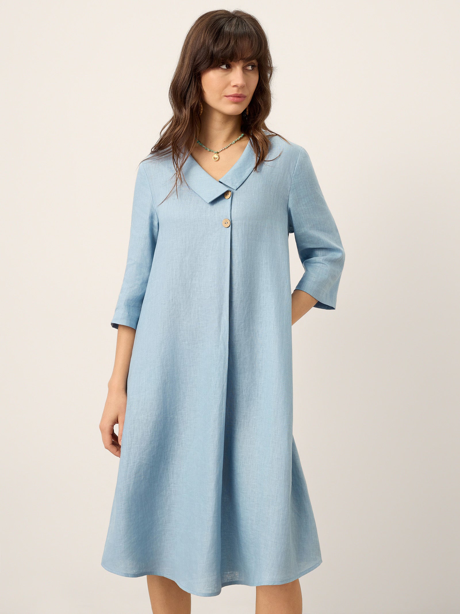 LINTICO 100% Linen Asymmetric Shawl Collar A-Line Midi Dress WINIFRED — lifestyle worn / used context