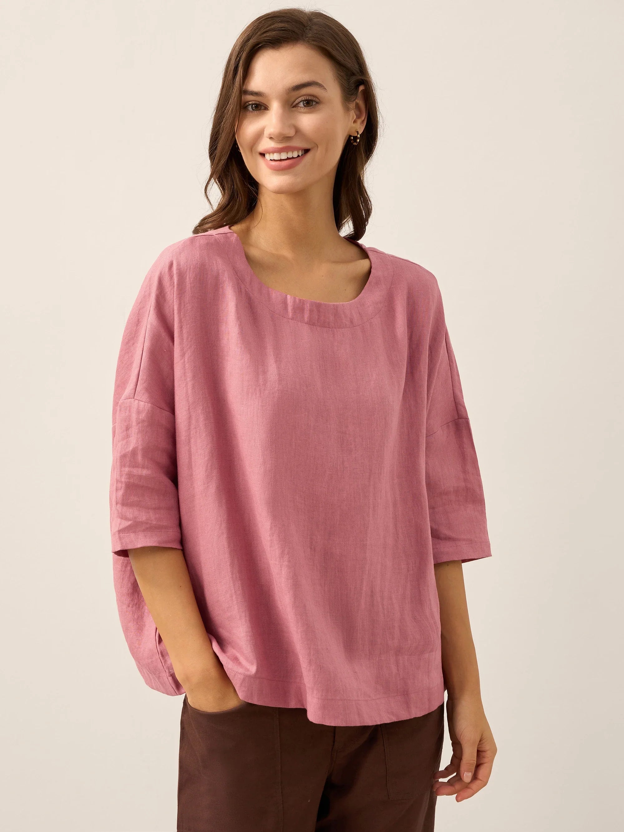 LINTICO 100% Linen Boatneck 3/4 Length Sleeve Top AURORA — main product shot