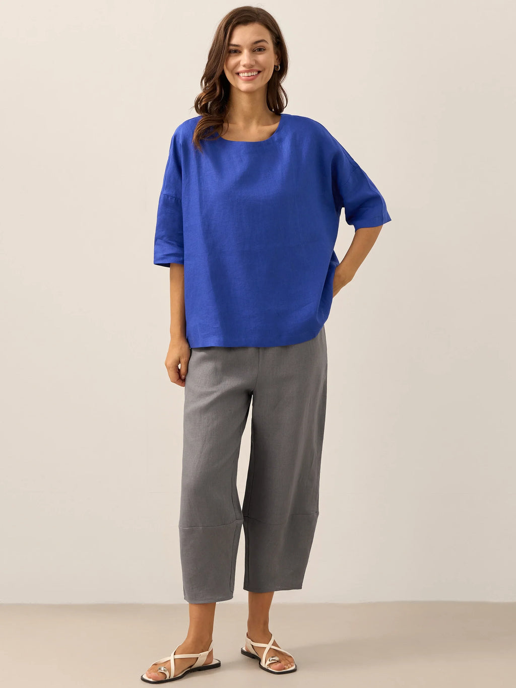 LINTICO 100% Linen Boatneck 3/4 Length Sleeve Top AURORA — flat-lay composition