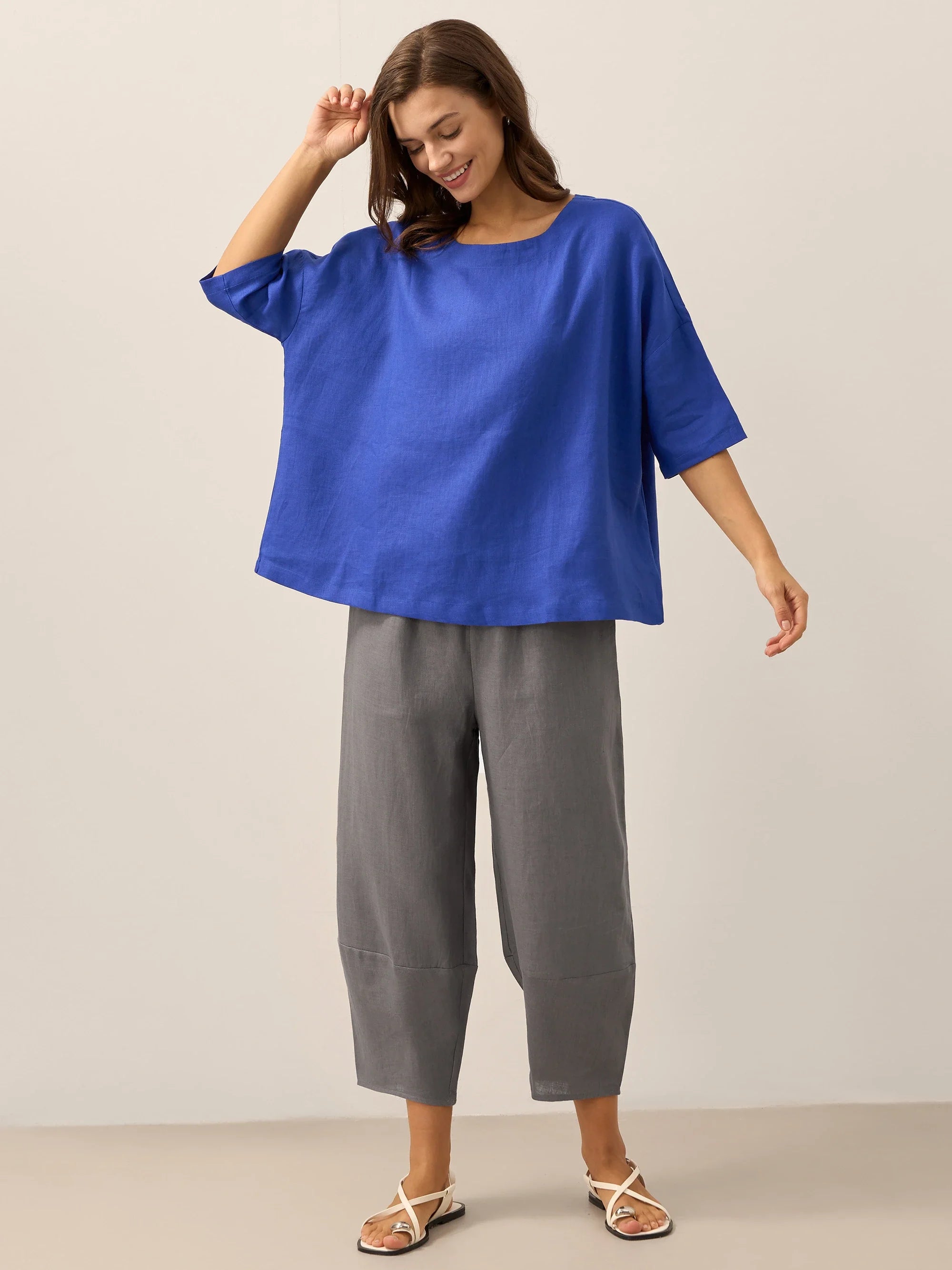 LINTICO 100% Linen Boatneck 3/4 Length Sleeve Top AURORA — lifestyle worn / used context