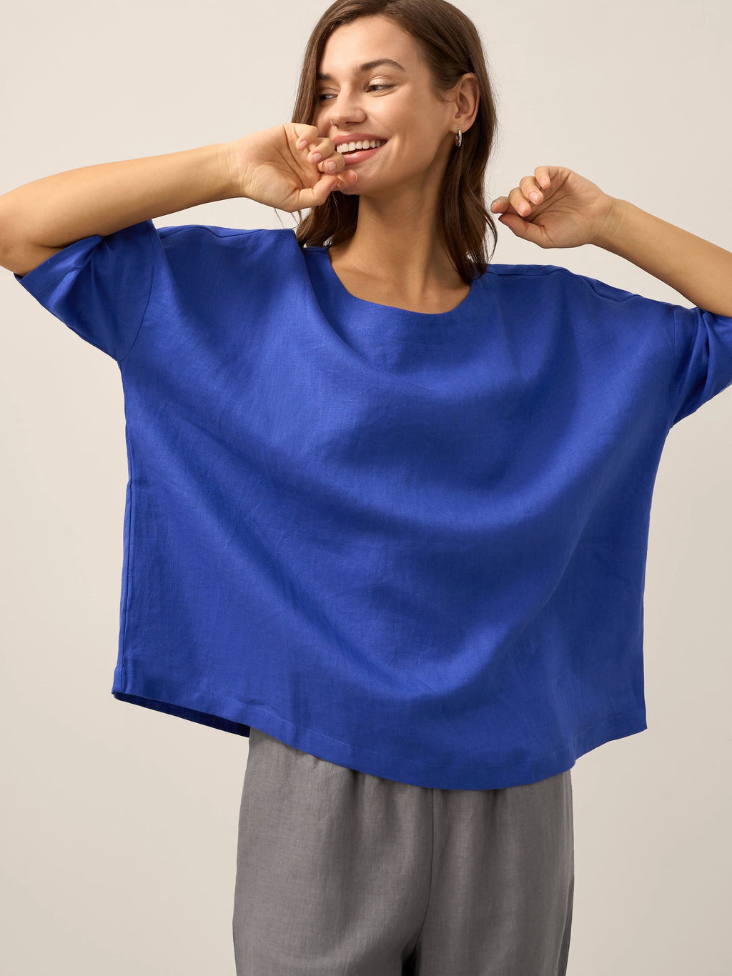 LINTICO 100% Linen Boatneck 3/4 Length Sleeve Top AURORA — feature highlight