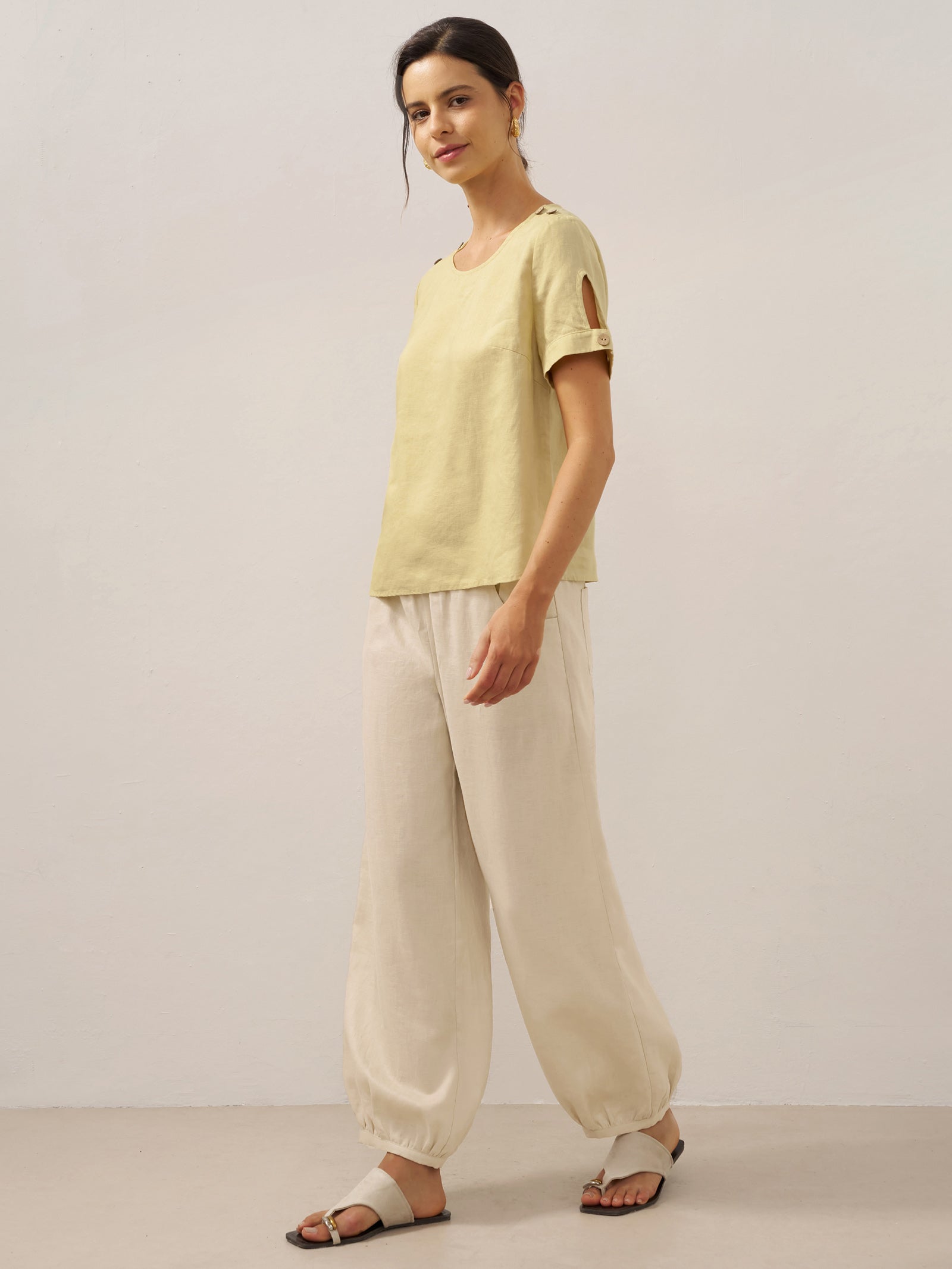 LINTICO 100% Linen Broad Elastic Waistband Pants TALIA — lifestyle worn / used context