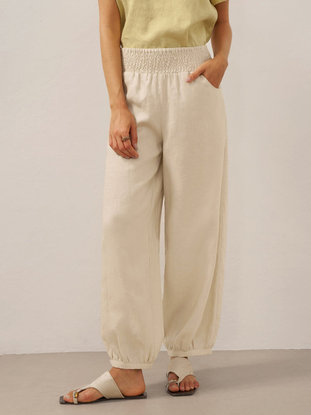 LINTICO 100% Linen Broad Elastic Waistband Pants TALIA — main product shot