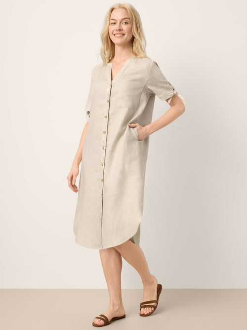LINTICO 100% Linen Button-Front Tie Cuff V-Neck Shirt Dress HONORIA — main product shot