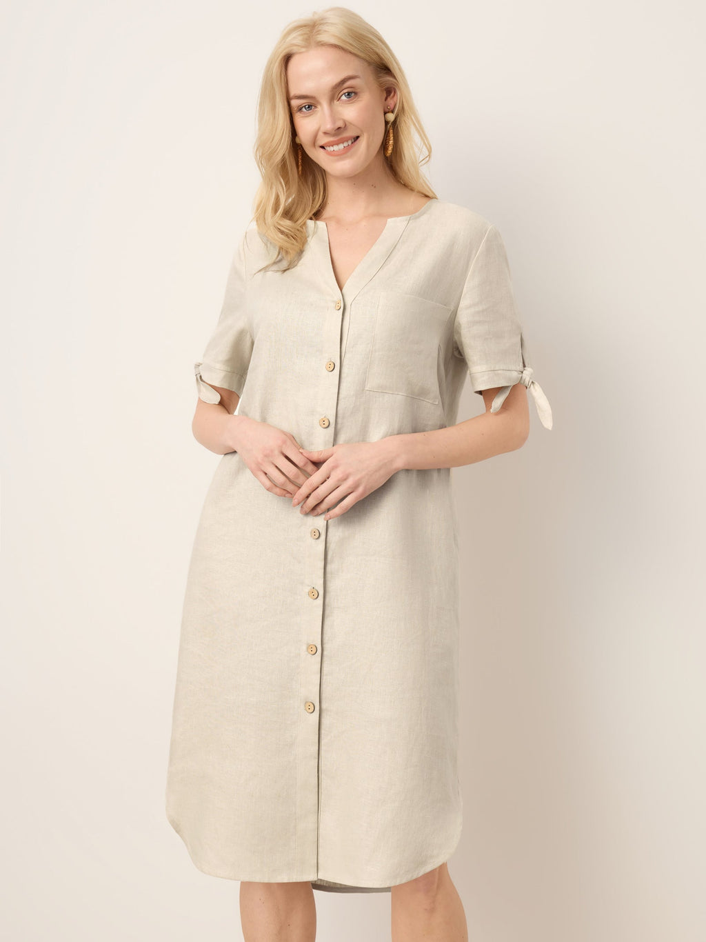 LINTICO 100% Linen Button-Front Tie Cuff V-Neck Shirt Dress HONORIA — detail shot 6