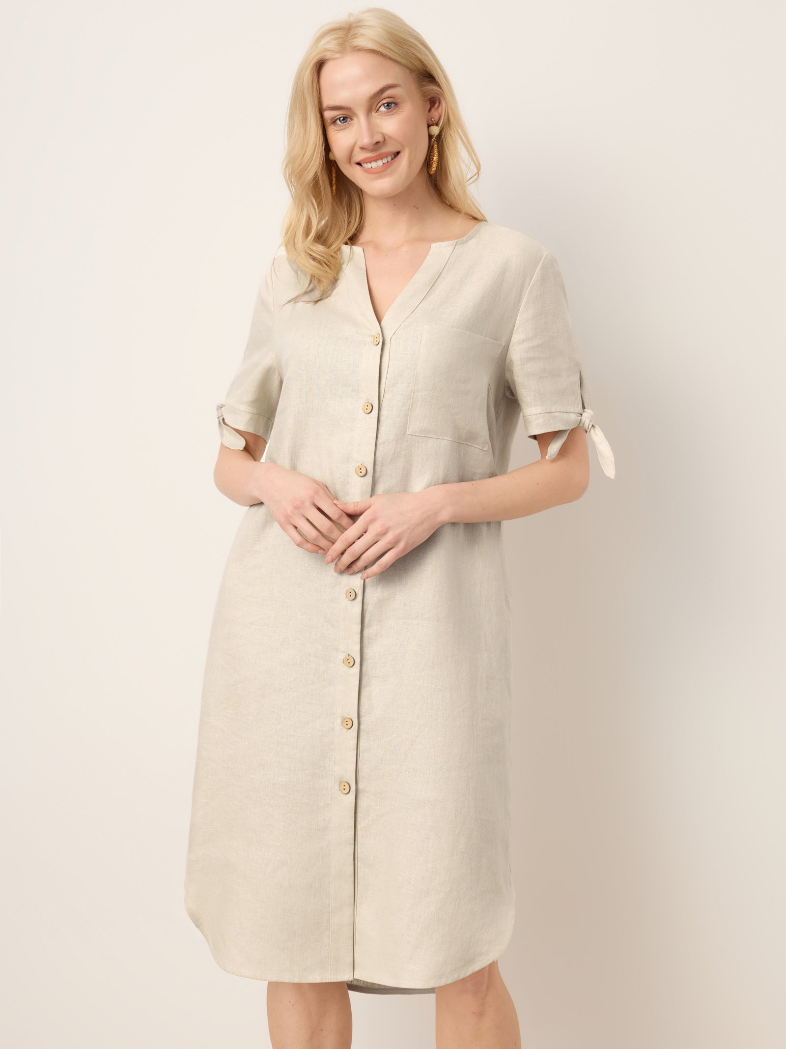 LINTICO 100% Linen Button-Front Tie Cuff V-Neck Shirt Dress HONORIA — detail shot 6