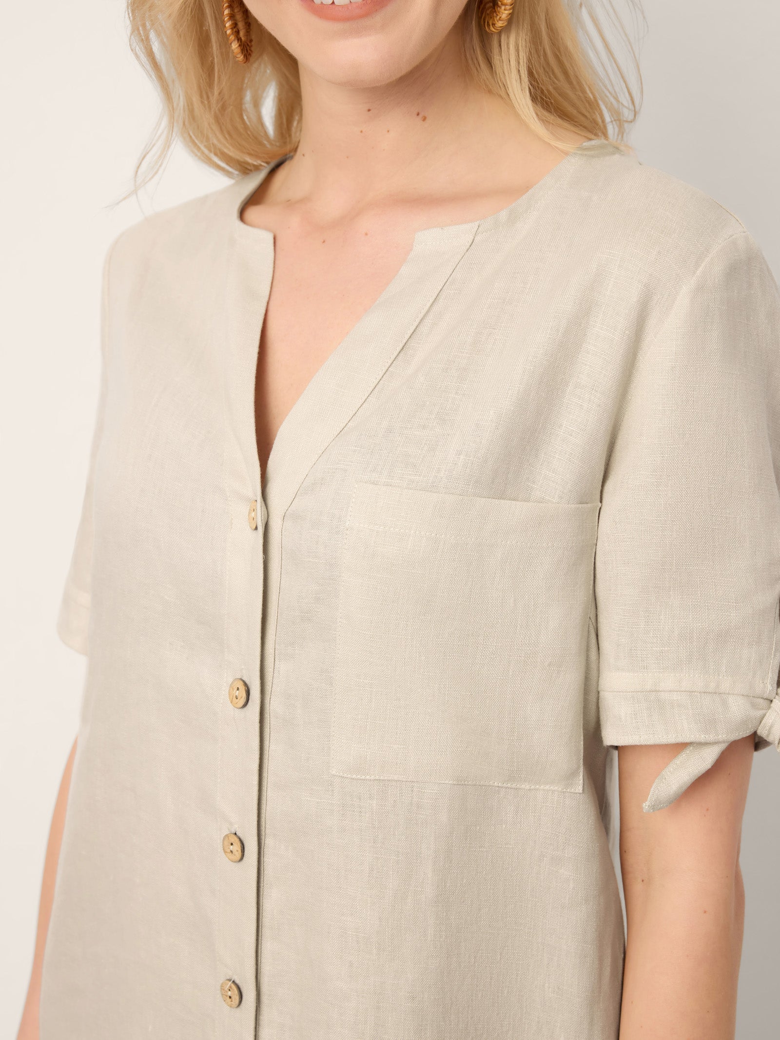 LINTICO 100% Linen Button-Front Tie Cuff V-Neck Shirt Dress HONORIA — detail shot 7