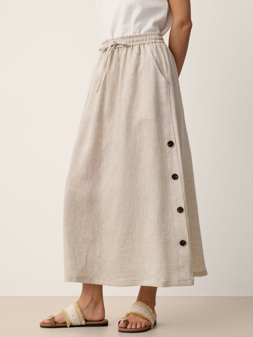 LINTICO 100% Linen Button-Trim Slit Skirt ASTRA — lifestyle worn / used context