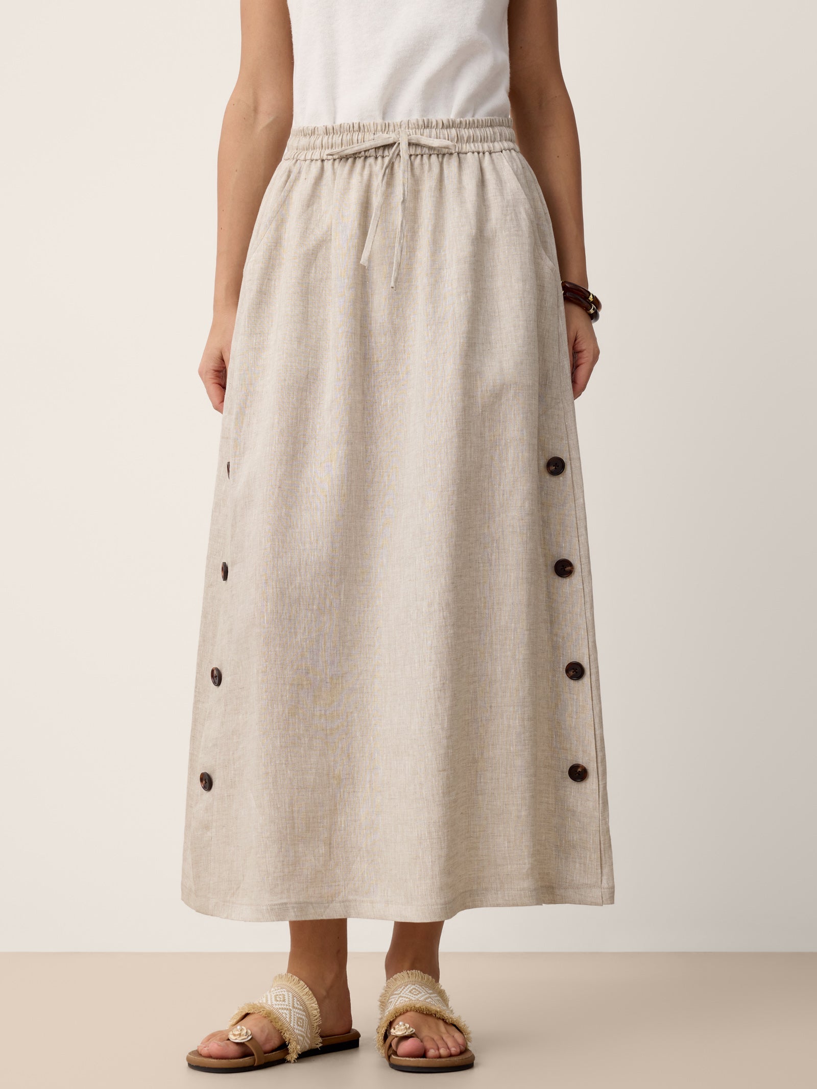 LINTICO 100% Linen Button-Trim Slit Skirt ASTRA — main product shot