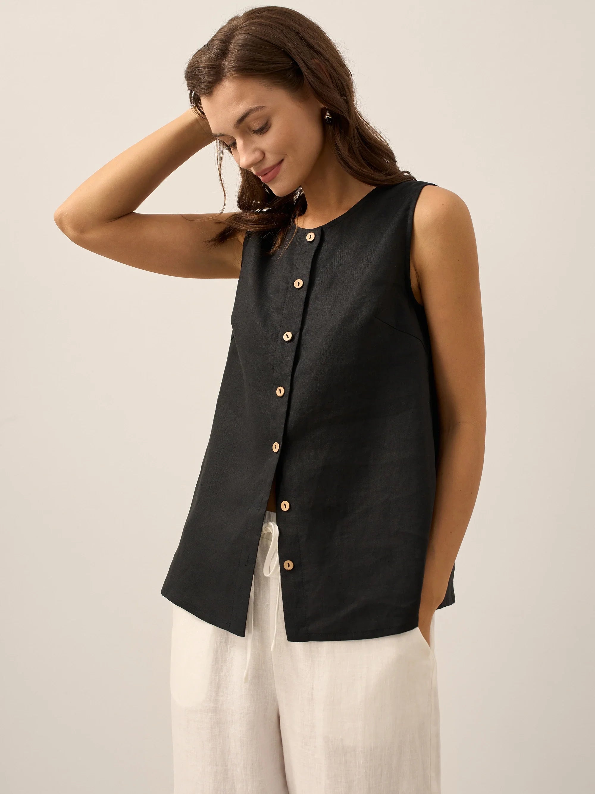 LINTICO 100% Linen Buttons Down Tank Top ERIN — flat-lay composition
