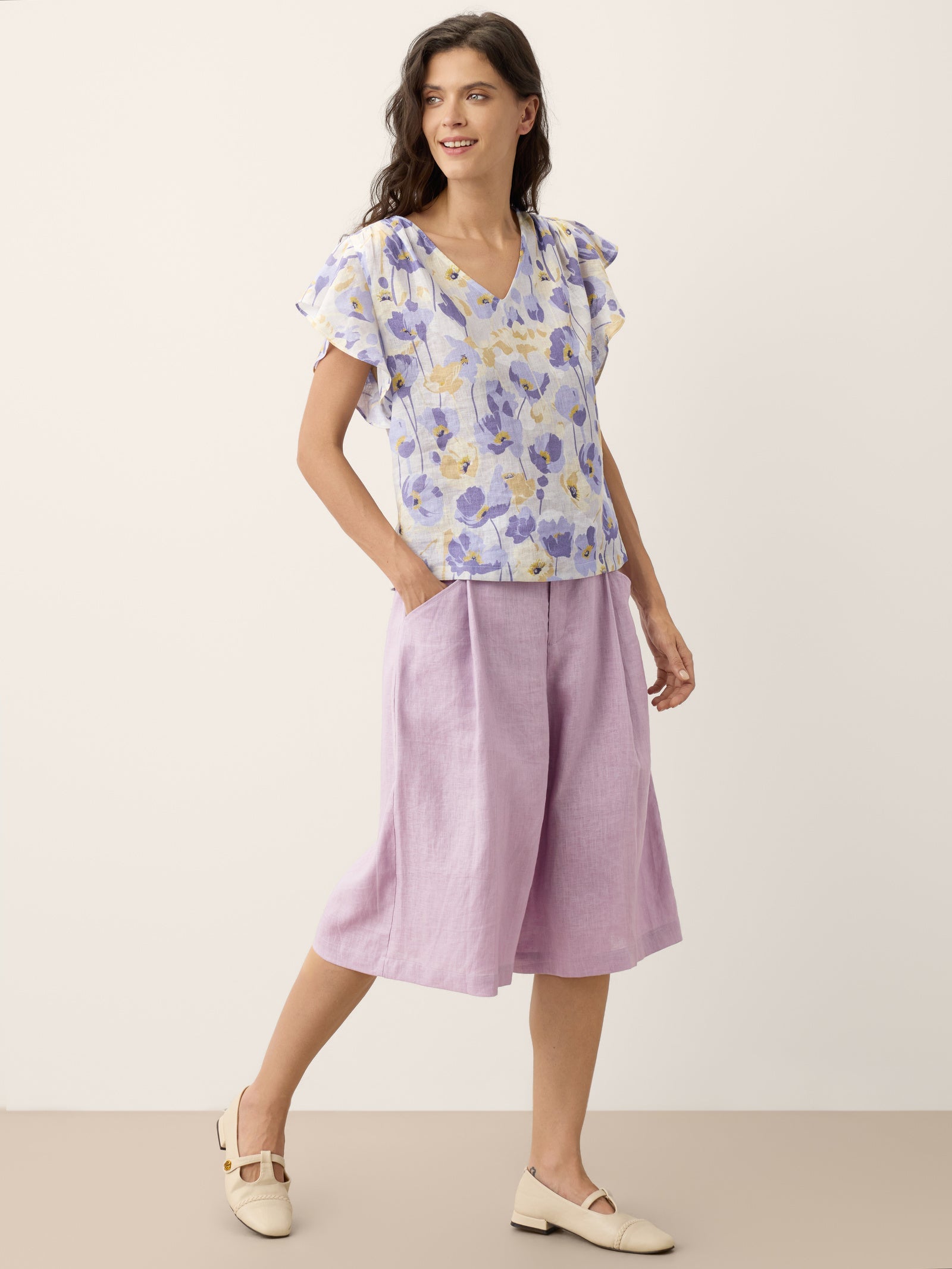 LINTICO 100% Linen Carnation Print Flutter Sleeve Top ELEANORA — color detail