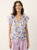 LINTICO 100% Linen Carnation Print Flutter Sleeve Top ELEANORA — main product shot