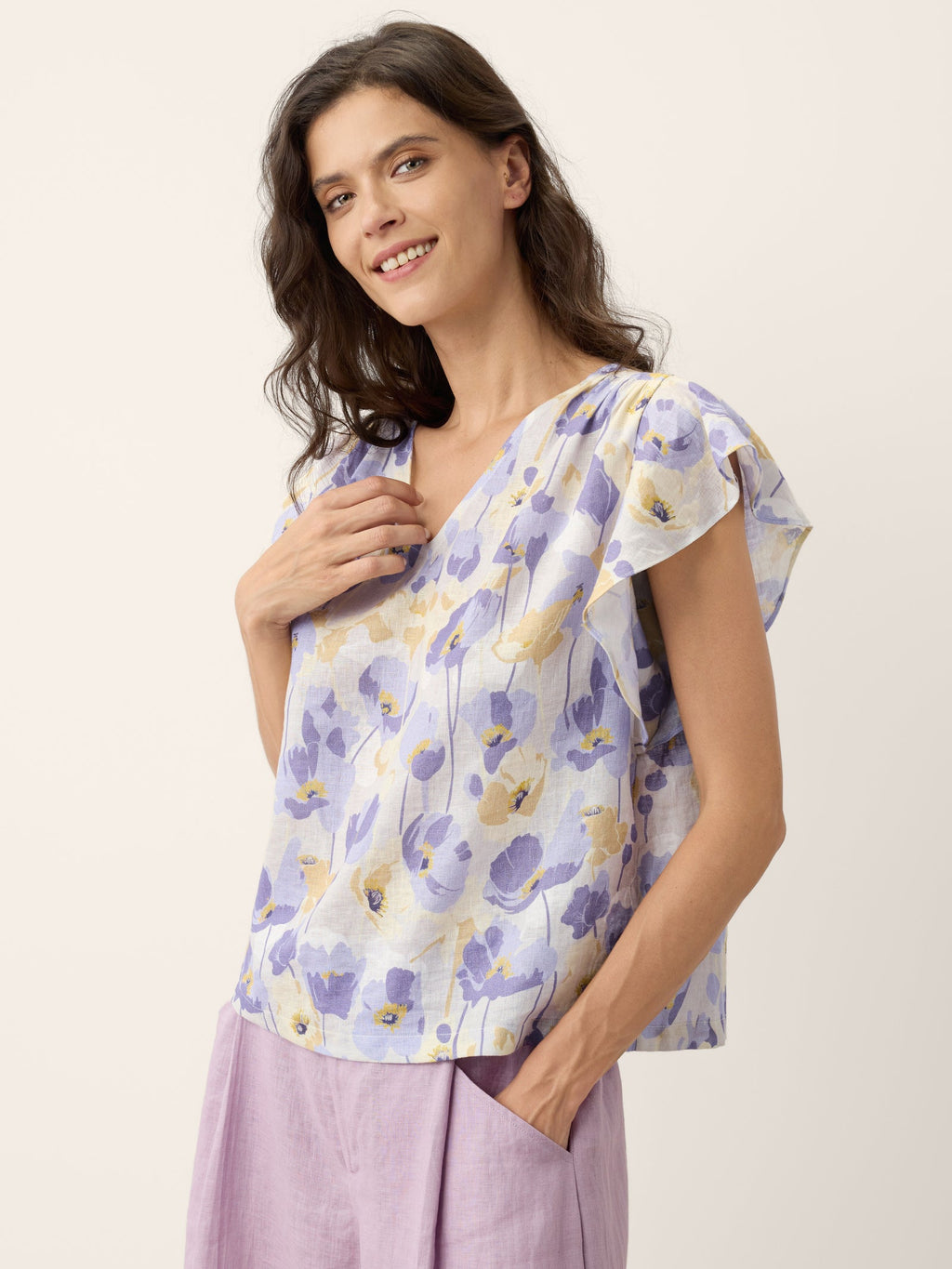 LINTICO 100% Linen Carnation Print Flutter Sleeve Top ELEANORA — side view