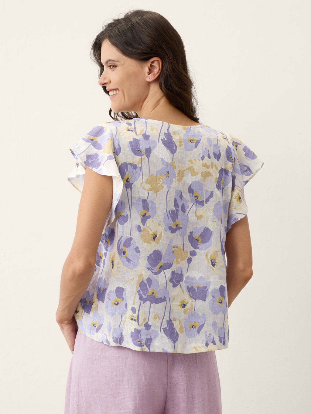 LINTICO 100% Linen Carnation Print Flutter Sleeve Top ELEANORA — in-use photo