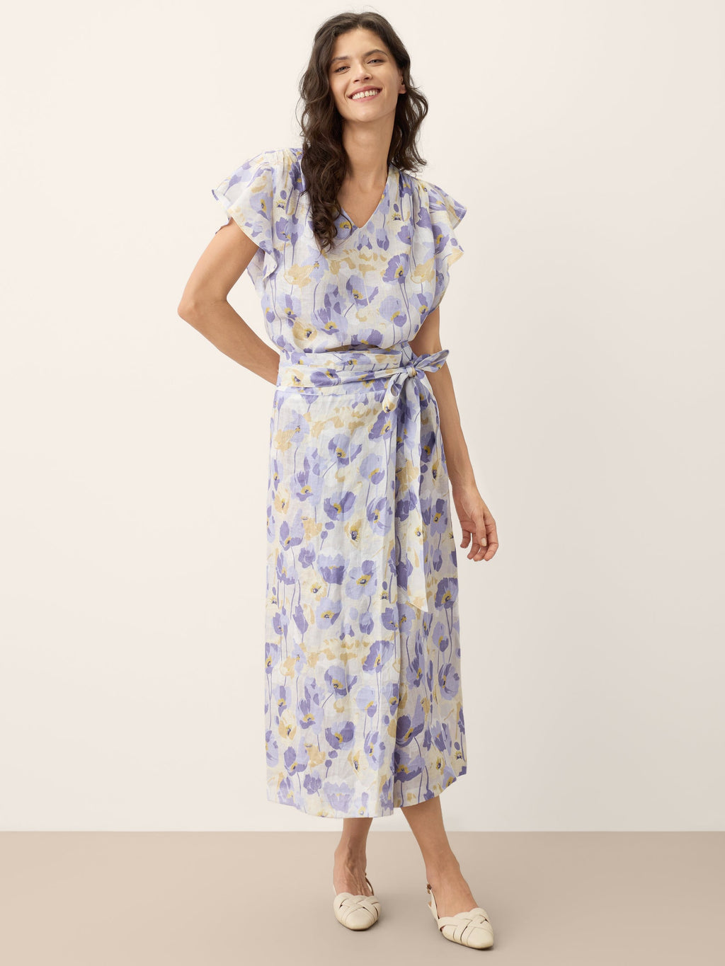 LINTICO 100% Linen Carnation Print Flutter Sleeve Top ELEANORA — size reference