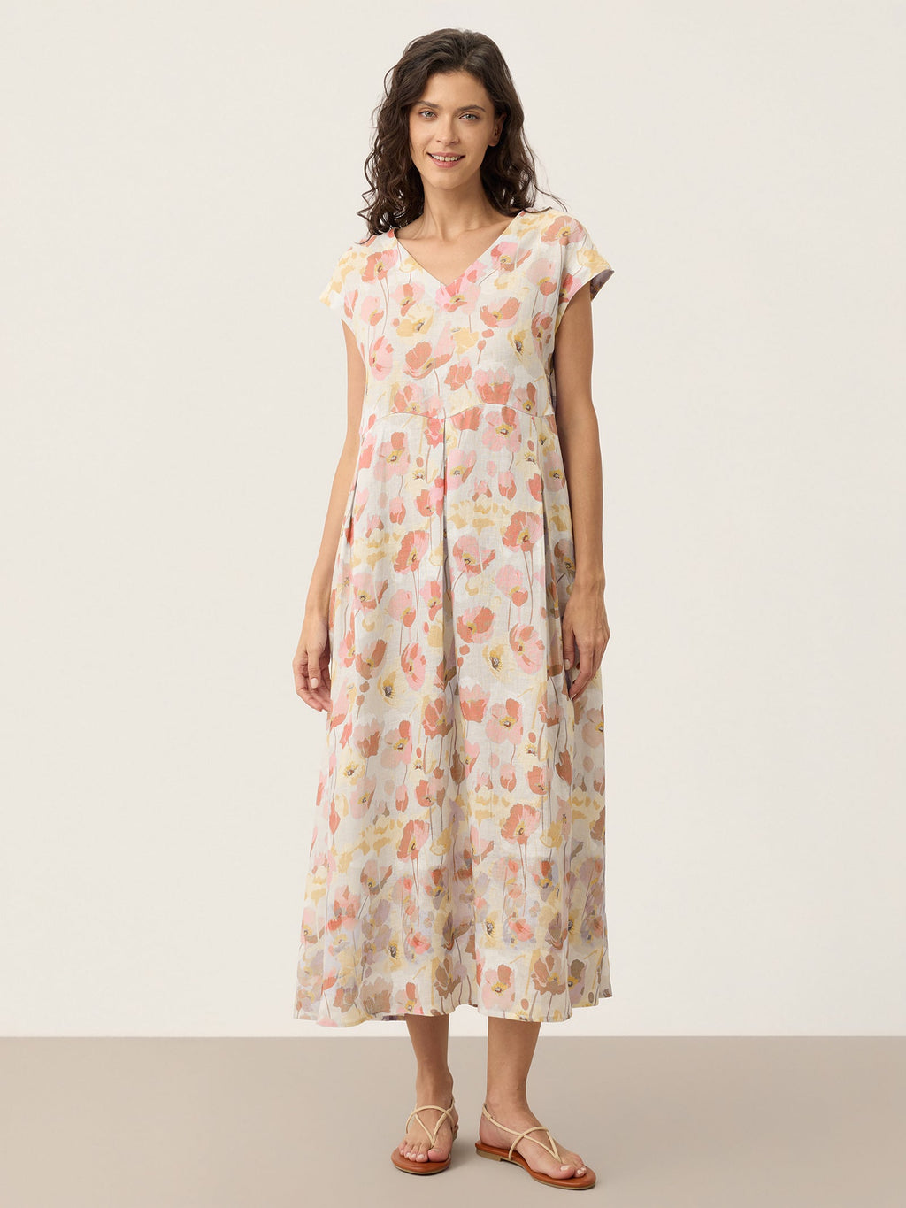 100% Linen Carnation Print Scalloped Waist Maxi Dress HARRIET