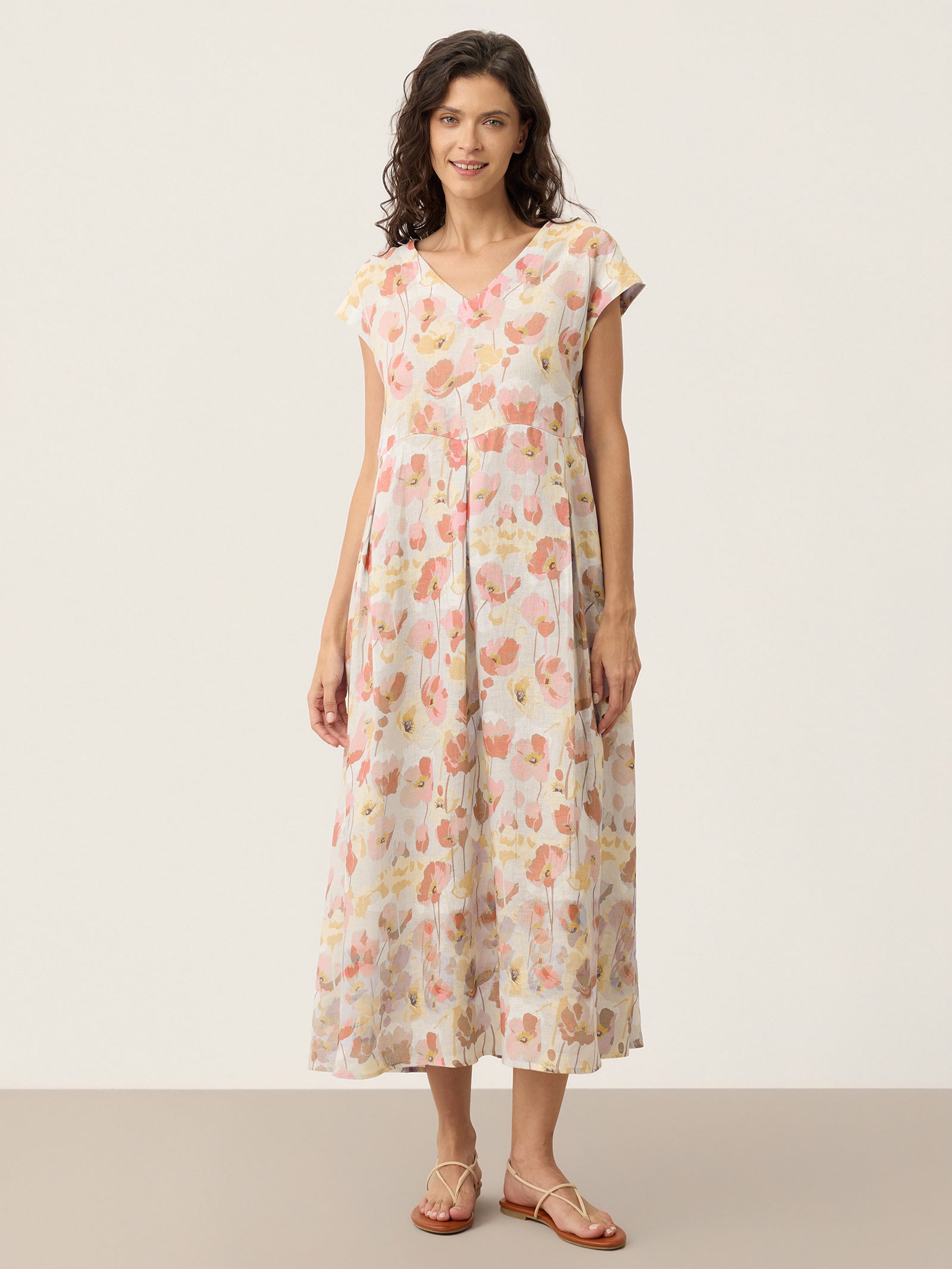 100% Linen Carnation Print Scalloped Waist Maxi Dress HARRIET