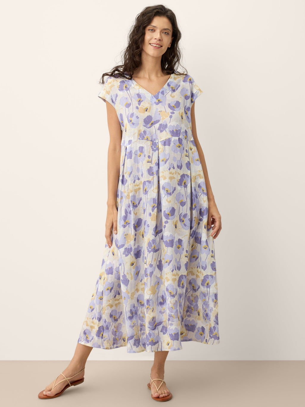 100% Linen Carnation Print Scalloped Waist Maxi Dress HARRIET
