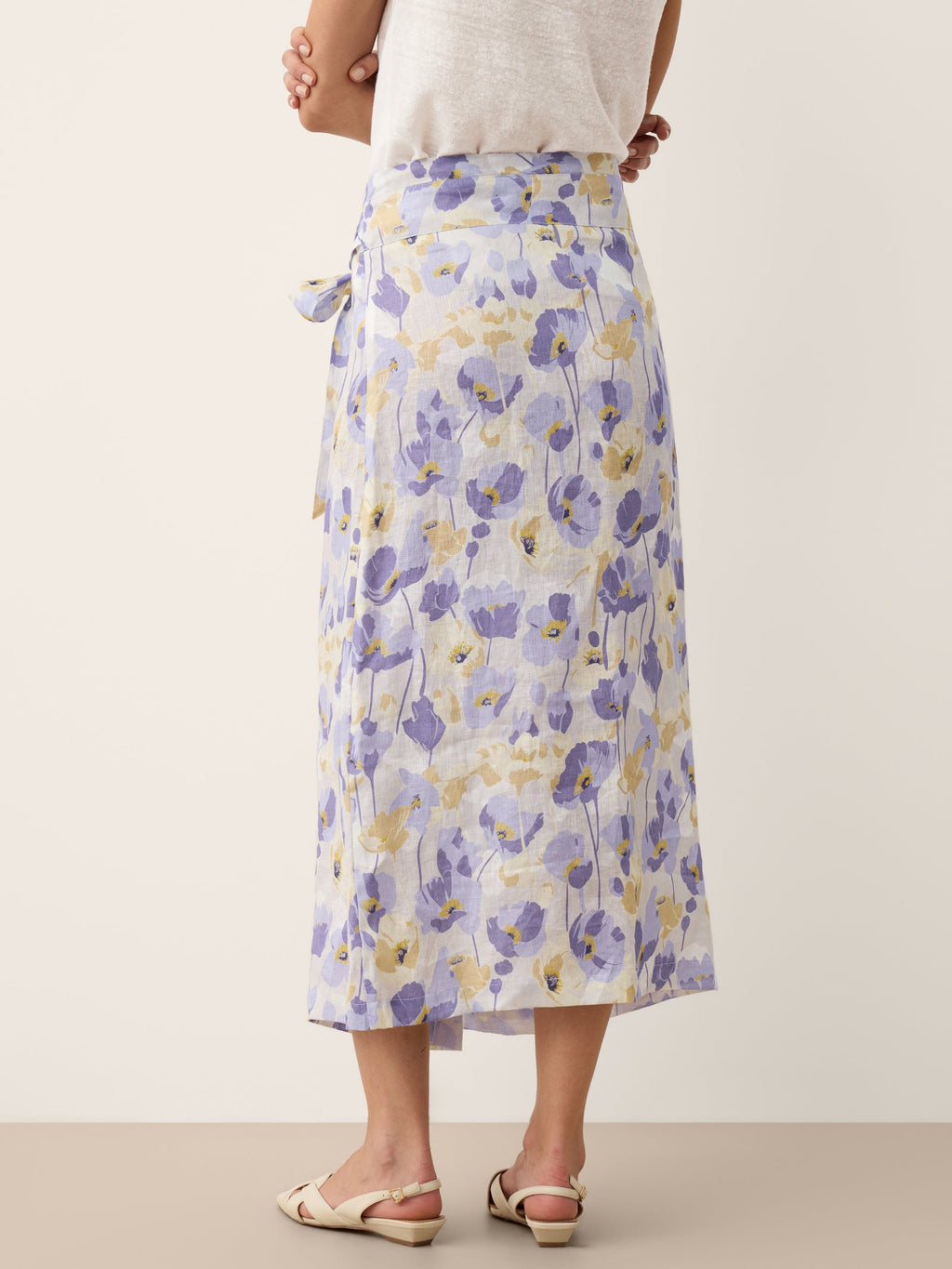 LINTICO 100% Linen Adjustable Wrap-Tie Carnation Print Skirt FRANCESCA — in-use photo