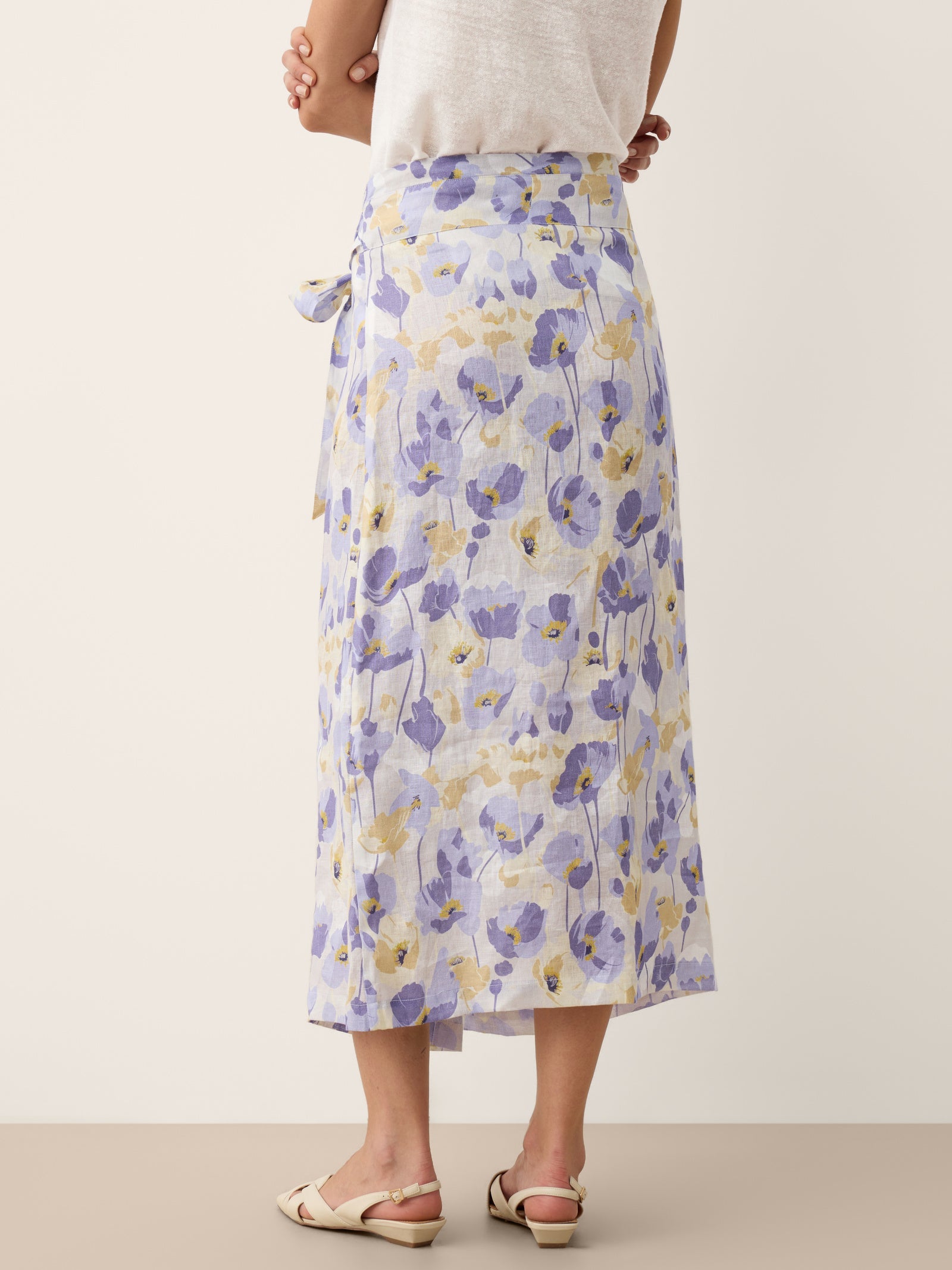 LINTICO 100% Linen Adjustable Wrap-Tie Carnation Print Skirt FRANCESCA — in-use photo