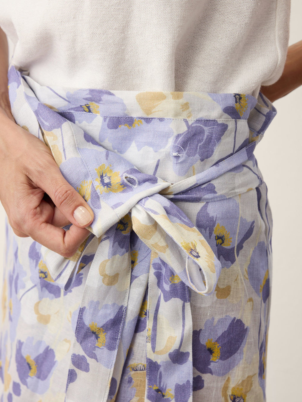 LINTICO 100% Linen Adjustable Wrap-Tie Carnation Print Skirt FRANCESCA — size reference