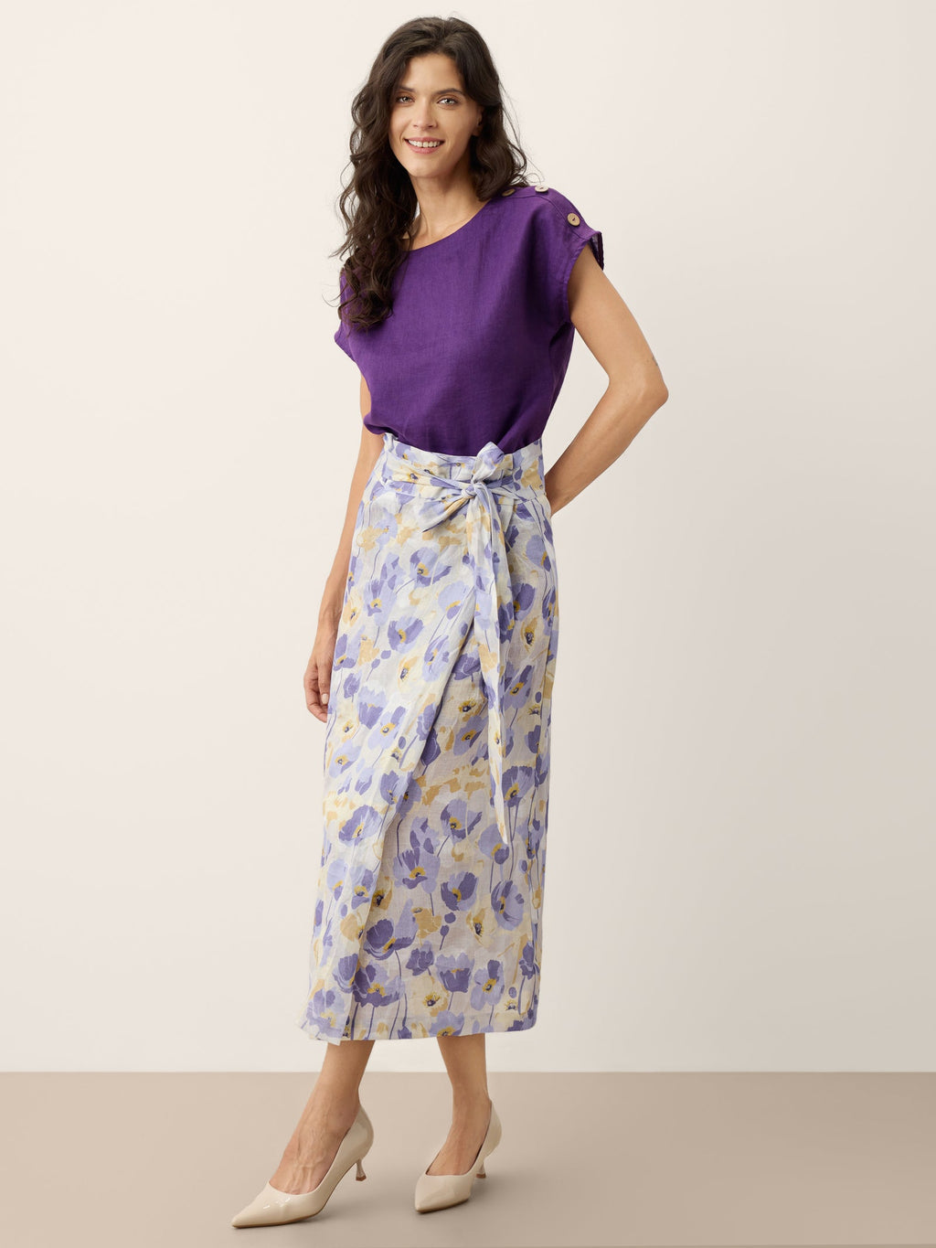 LINTICO 100% Linen Adjustable Wrap-Tie Carnation Print Skirt FRANCESCA — color detail
