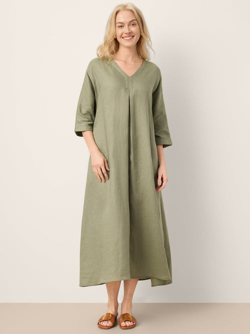 LINTICO 100% Linen Center Pleat V-Neck Cuffed Sleeve Maxi Dress ZENOBIA — construction detail