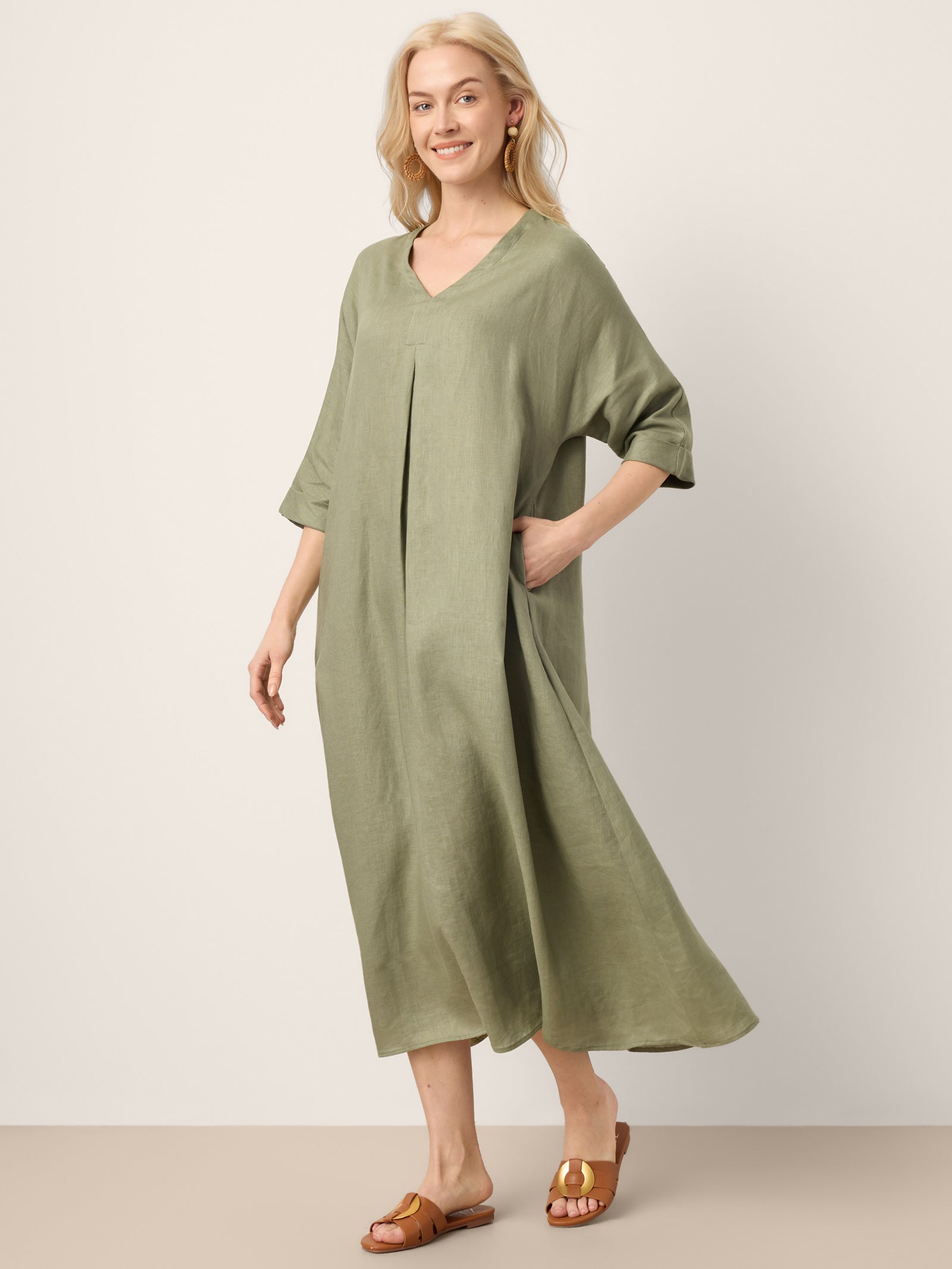 LINTICO 100% Linen Center Pleat V-Neck Cuffed Sleeve Maxi Dress ZENOBIA — lifestyle worn / used context