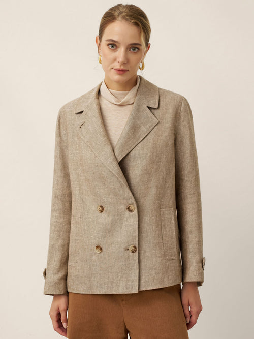 LINTICO 100% Linen Convertible Stand Collar Double Breasted Blazer Jacket NAOMI — main product shot