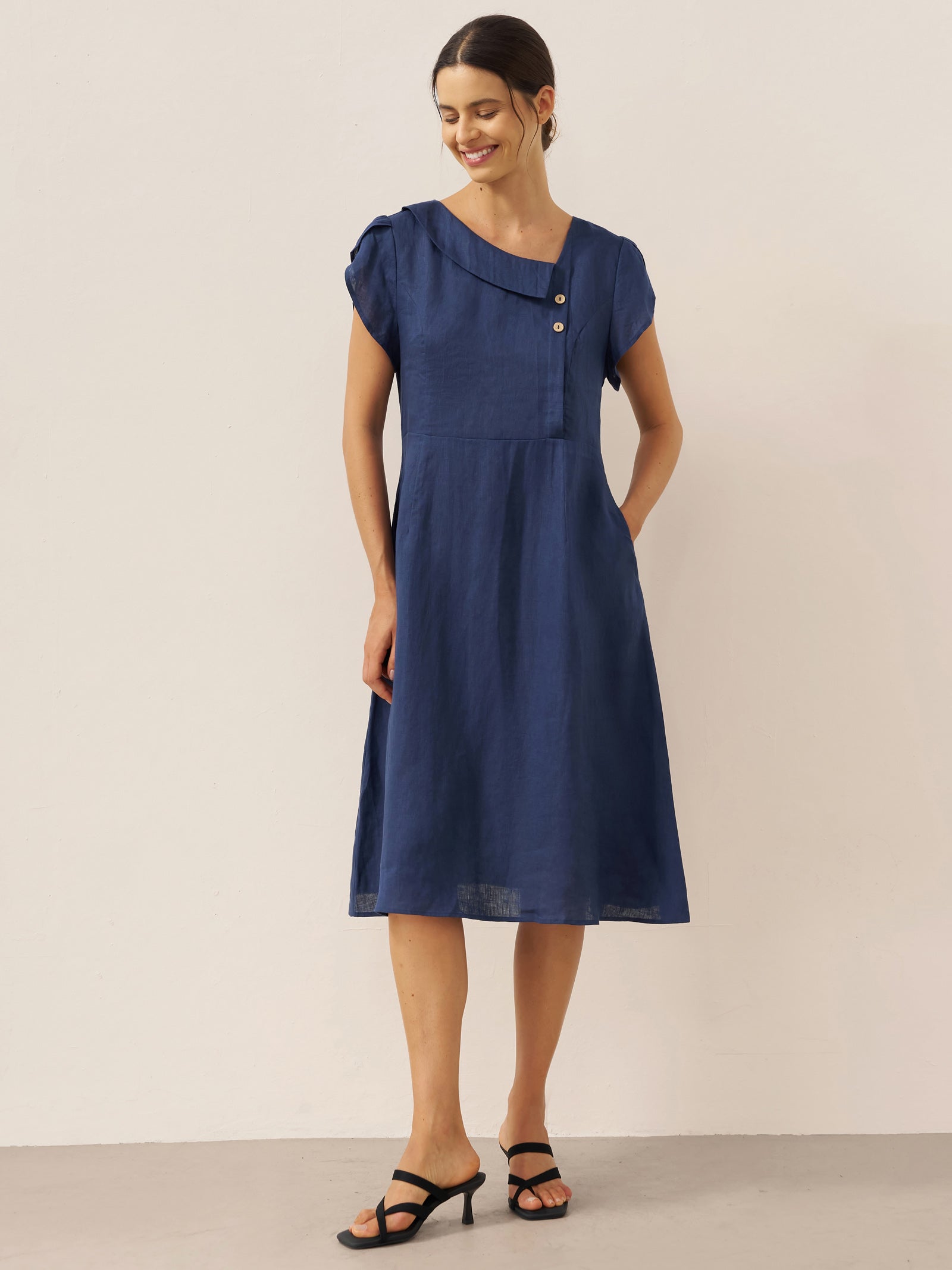 LINTICO 100% Linen Crescent Collar Flutter Sleeve Midi Dress FIONA — main product shot