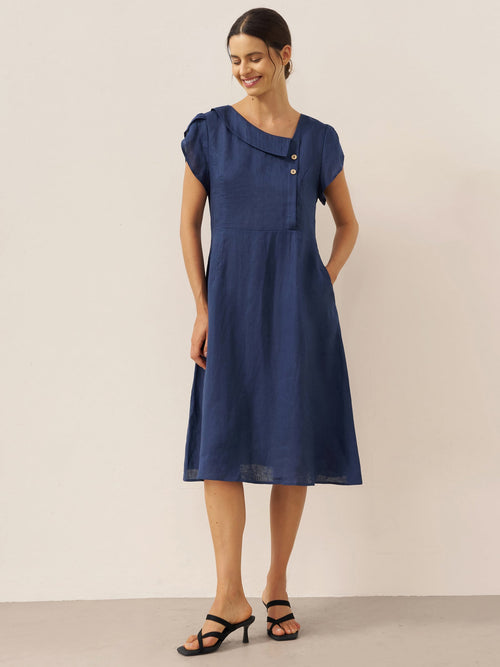 LINTICO 100% Linen Crescent Collar Flutter Sleeve Midi Dress FIONA — main product shot