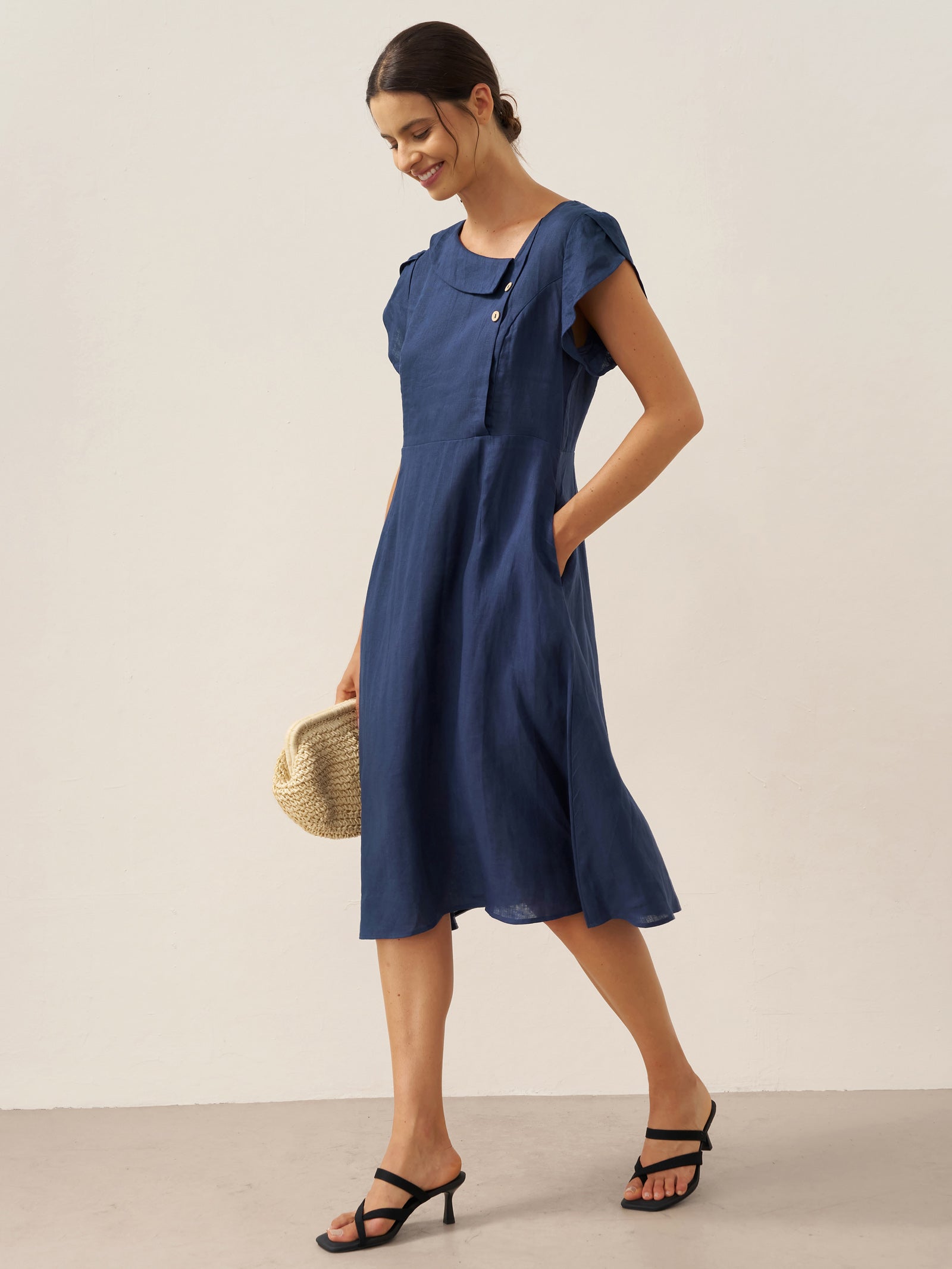 LINTICO 100% Linen Crescent Collar Flutter Sleeve Midi Dress FIONA — LINTICO branding close-up
