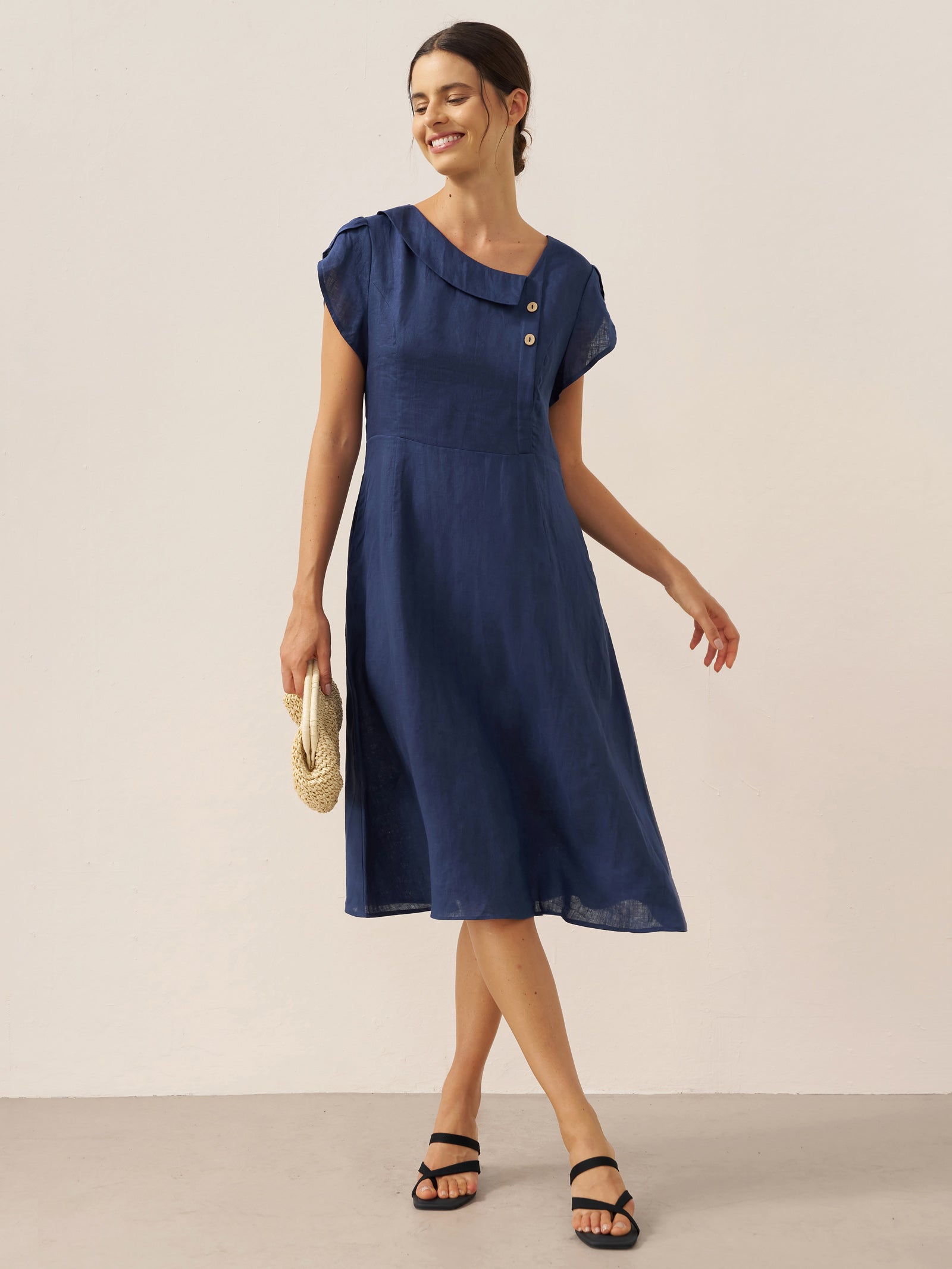 LINTICO 100% Linen Crescent Collar Flutter Sleeve Midi Dress FIONA — detail shot 9