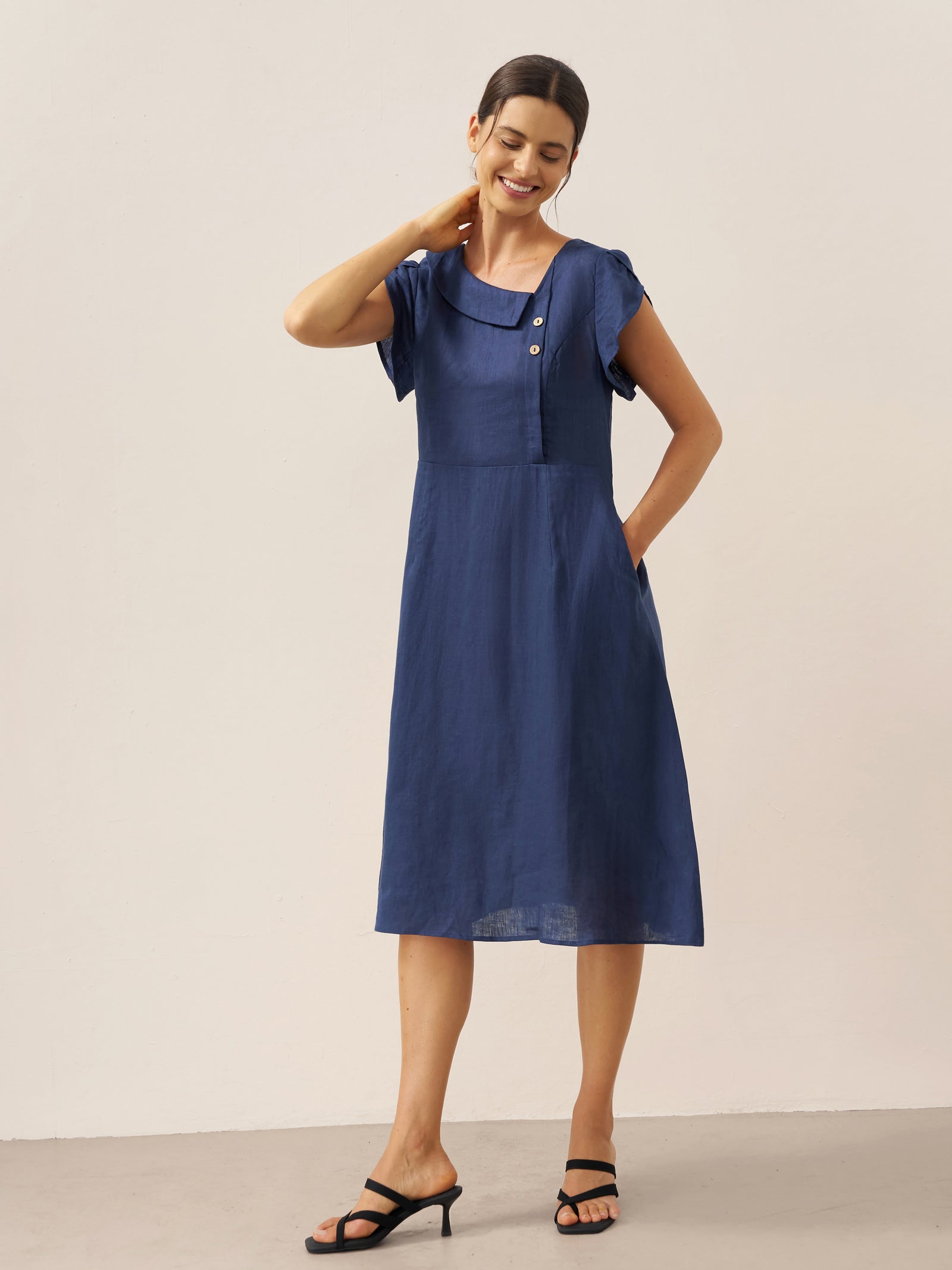 LINTICO 100% Linen Crescent Collar Flutter Sleeve Midi Dress FIONA — detail shot 6