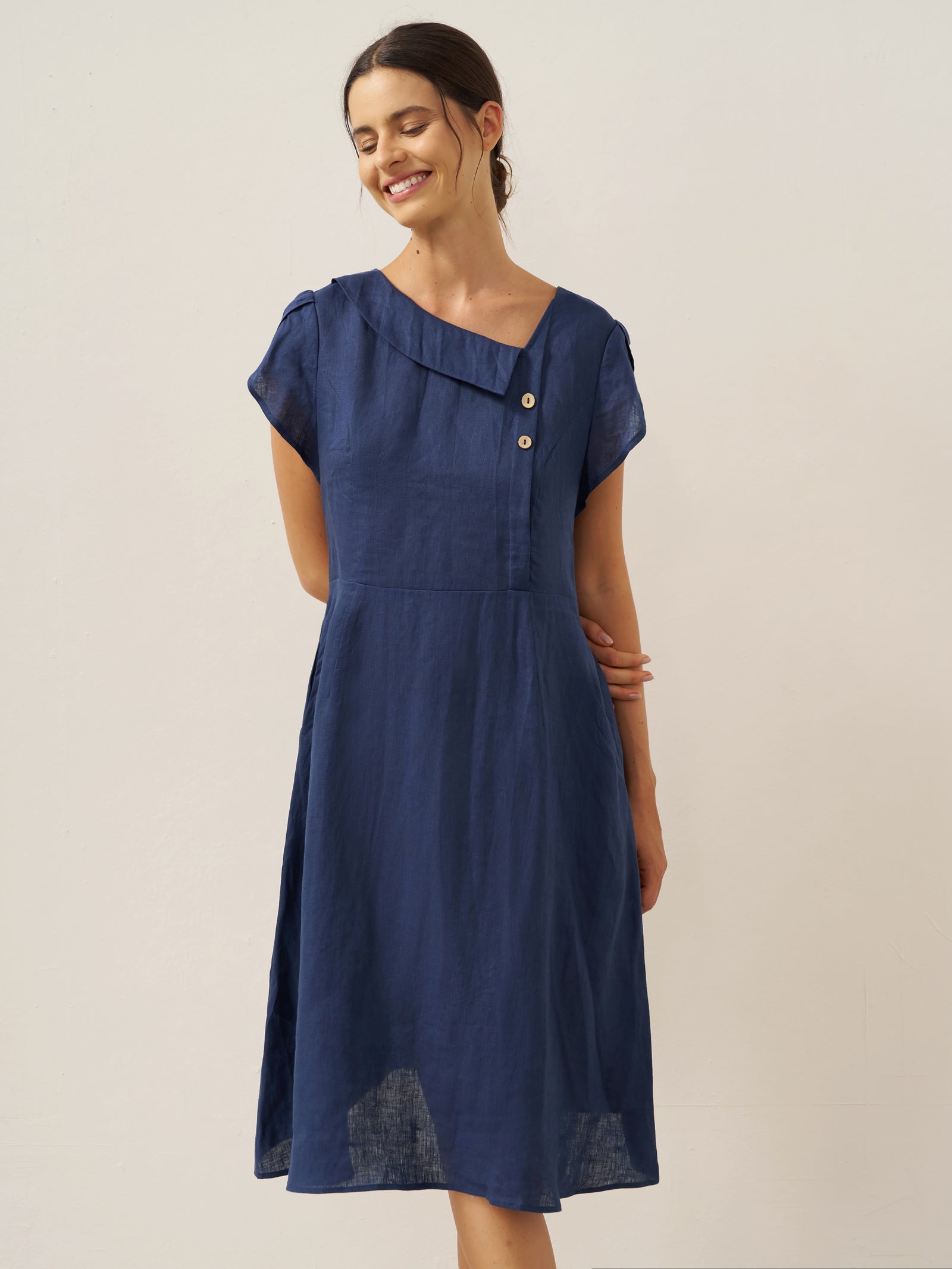 LINTICO 100% Linen Crescent Collar Flutter Sleeve Midi Dress FIONA — detail shot 7