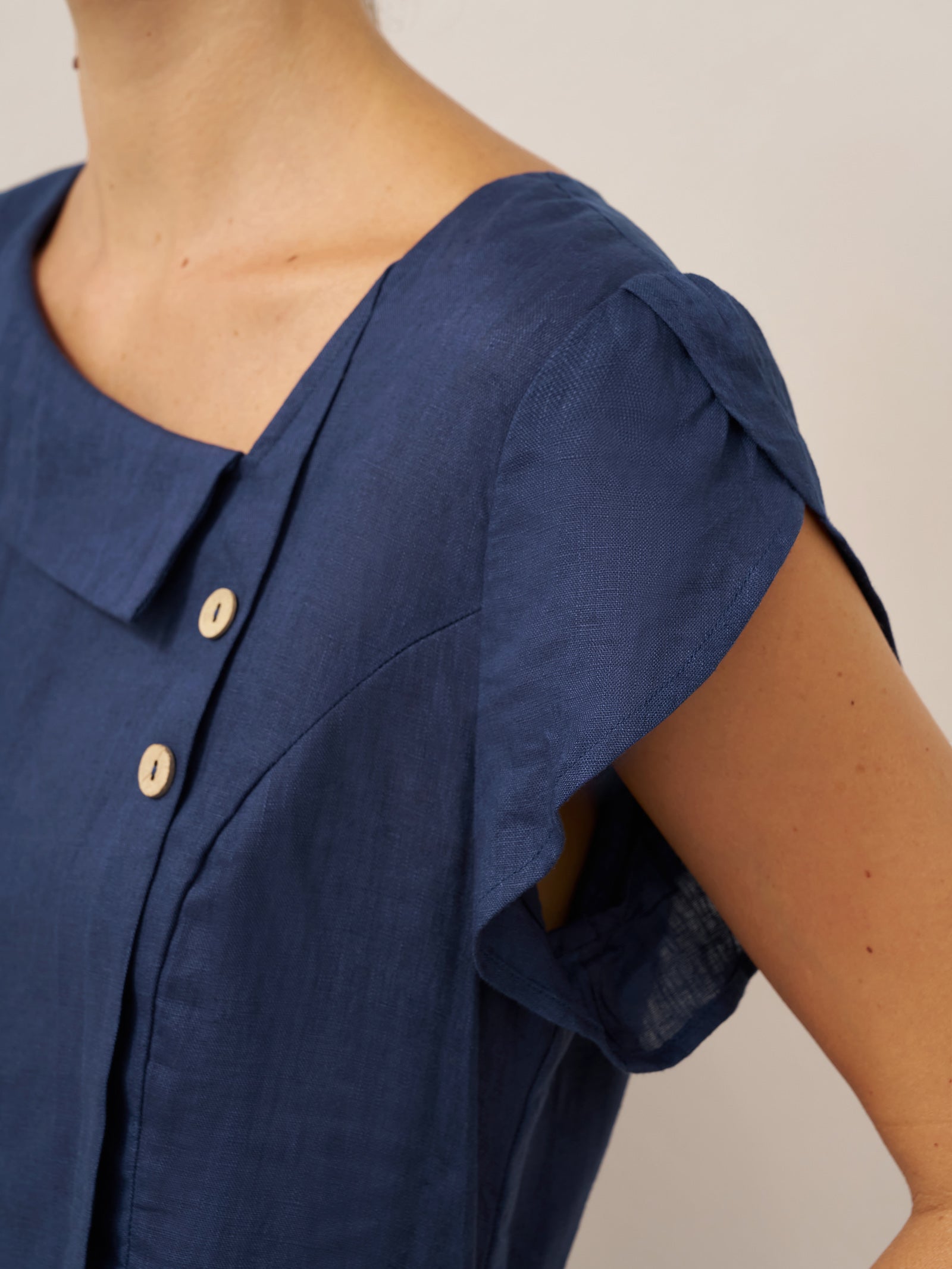 LINTICO 100% Linen Crescent Collar Flutter Sleeve Midi Dress FIONA — fabric or material detail