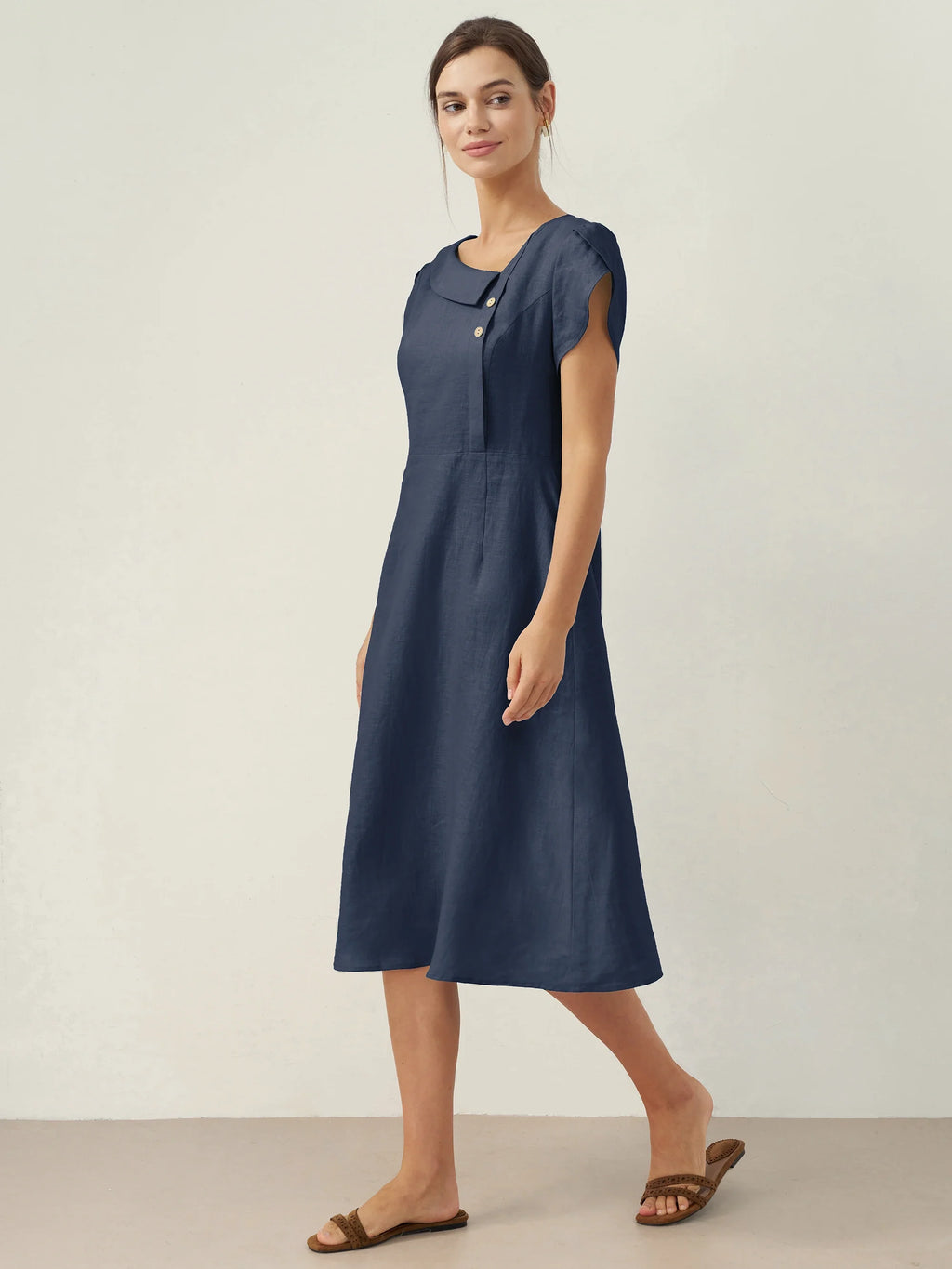 LINTICO 100% Linen Crescent Collar Flutter Sleeve Midi Dress FIONA — lifestyle worn / used context