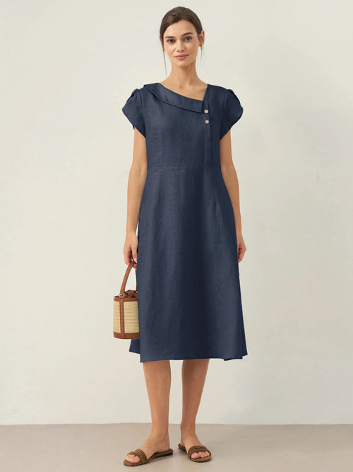 LINTICO 100% Linen Crescent Collar Flutter Sleeve Midi Dress FIONA — main product shot