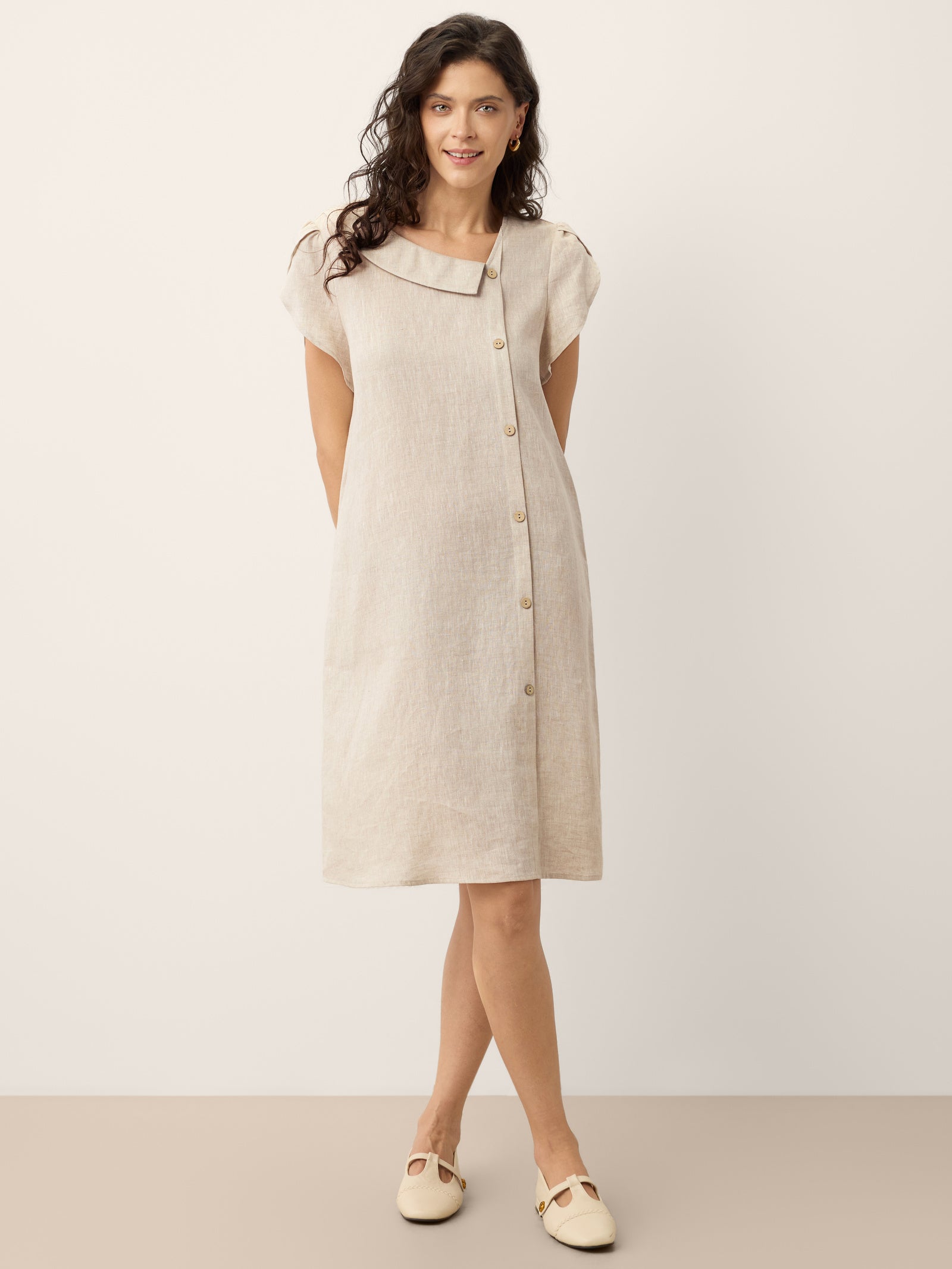 LINTICO 100% Linen Crescent Collar Ruffle Sleeve Mini Dress THERESA — color detail