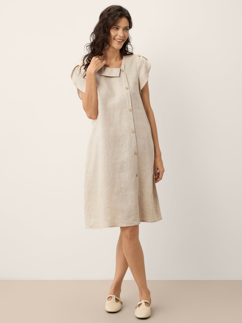 LINTICO 100% Linen Crescent Collar Ruffle Sleeve Mini Dress THERESA — side view