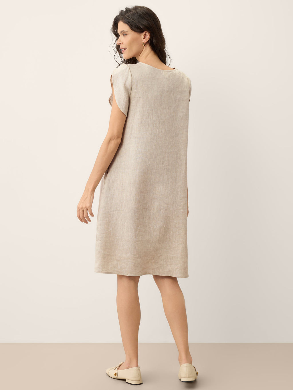LINTICO 100% Linen Crescent Collar Ruffle Sleeve Mini Dress THERESA — in-use photo