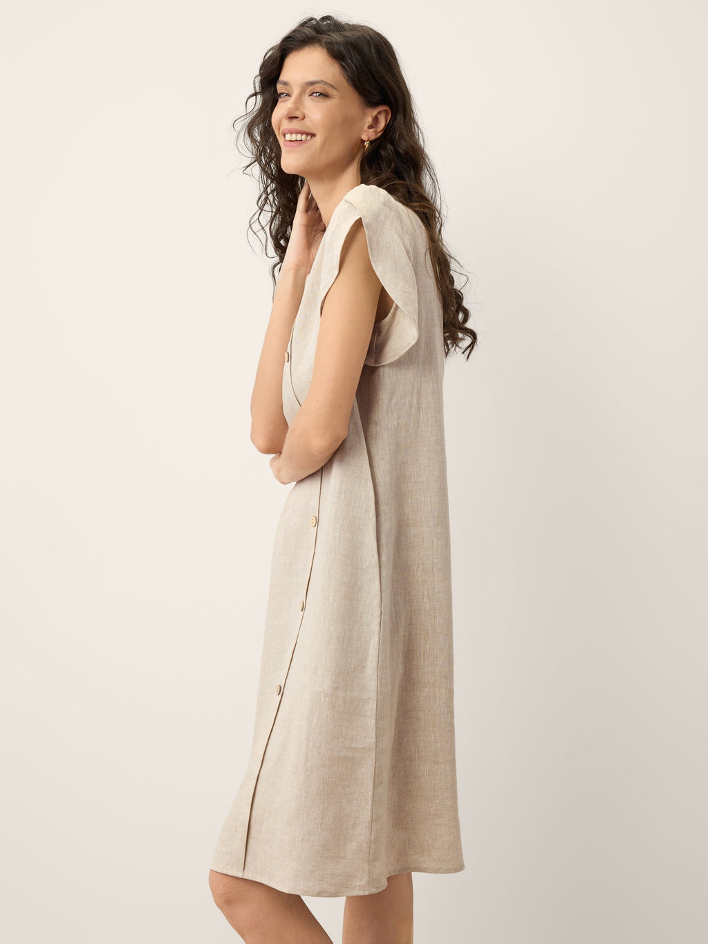 LINTICO 100% Linen Crescent Collar Ruffle Sleeve Mini Dress THERESA — size reference