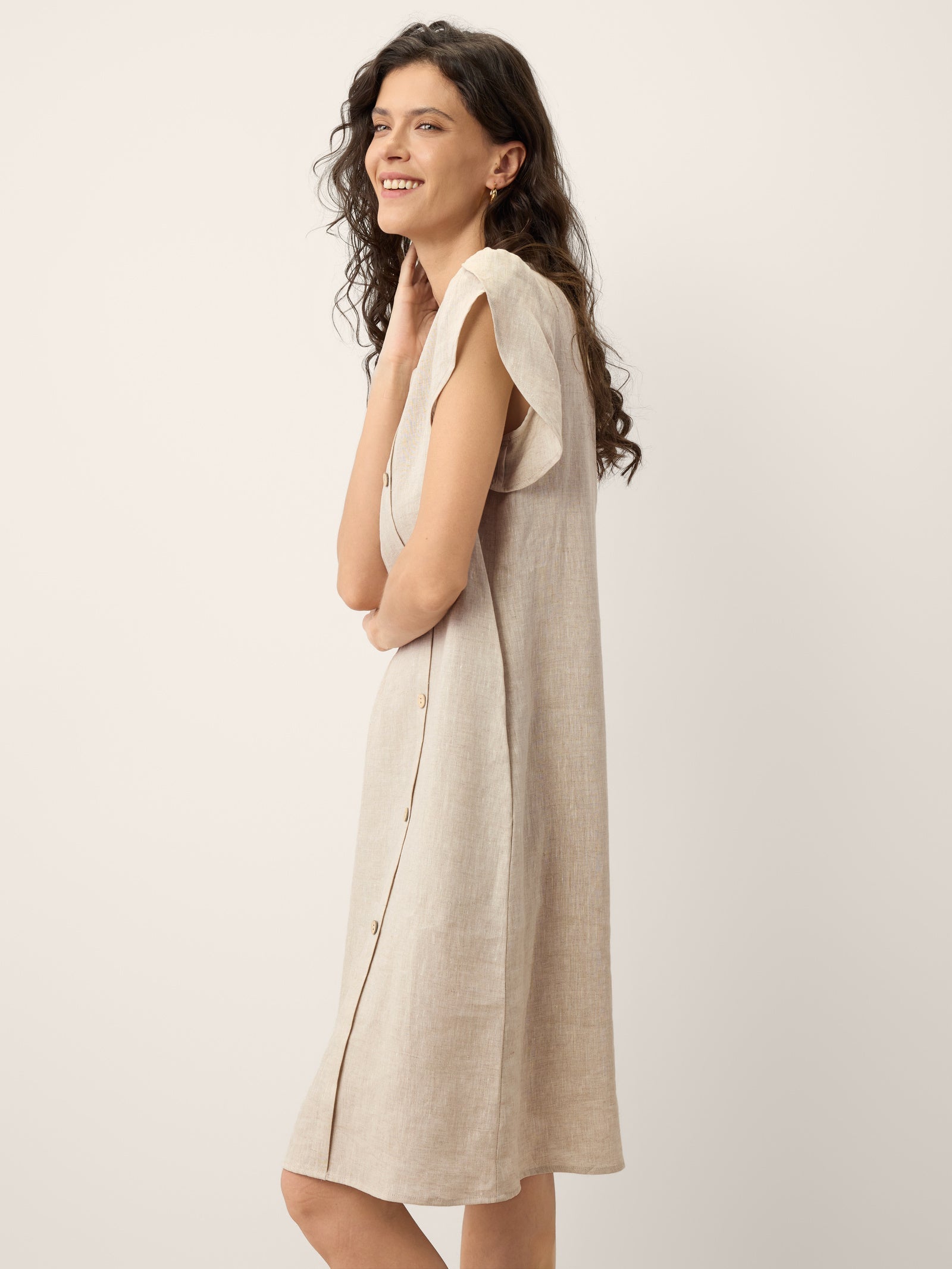 LINTICO 100% Linen Crescent Collar Ruffle Sleeve Mini Dress THERESA — size reference