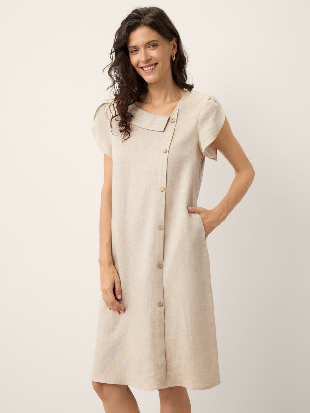 LINTICO 100% Linen Crescent Collar Ruffle Sleeve Mini Dress THERESA — main product shot