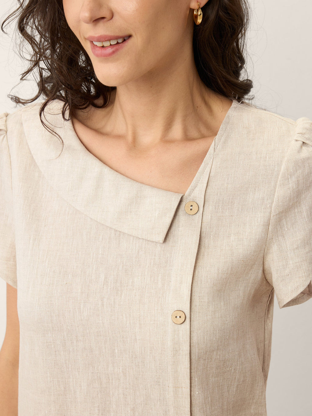 LINTICO 100% Linen Crescent Collar Ruffle Sleeve Mini Dress THERESA — alternative angle