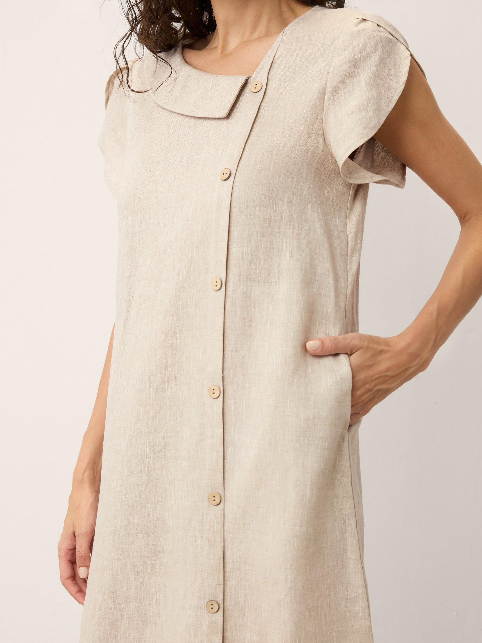 LINTICO 100% Linen Crescent Collar Ruffle Sleeve Mini Dress THERESA — back view